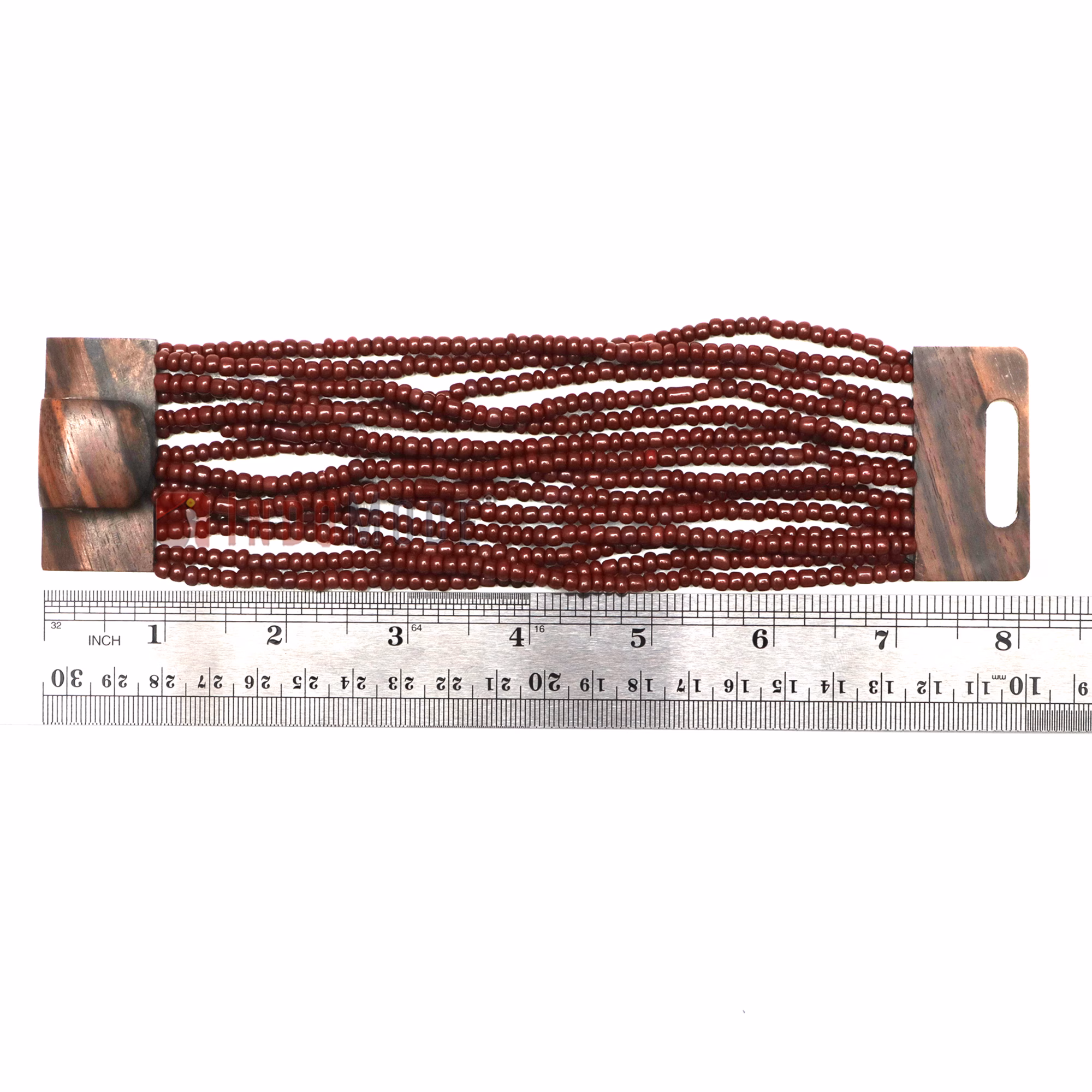 Maroon Beaded Bali Bracelet Ethnic Design Glass Wooden Buckle Clasp
