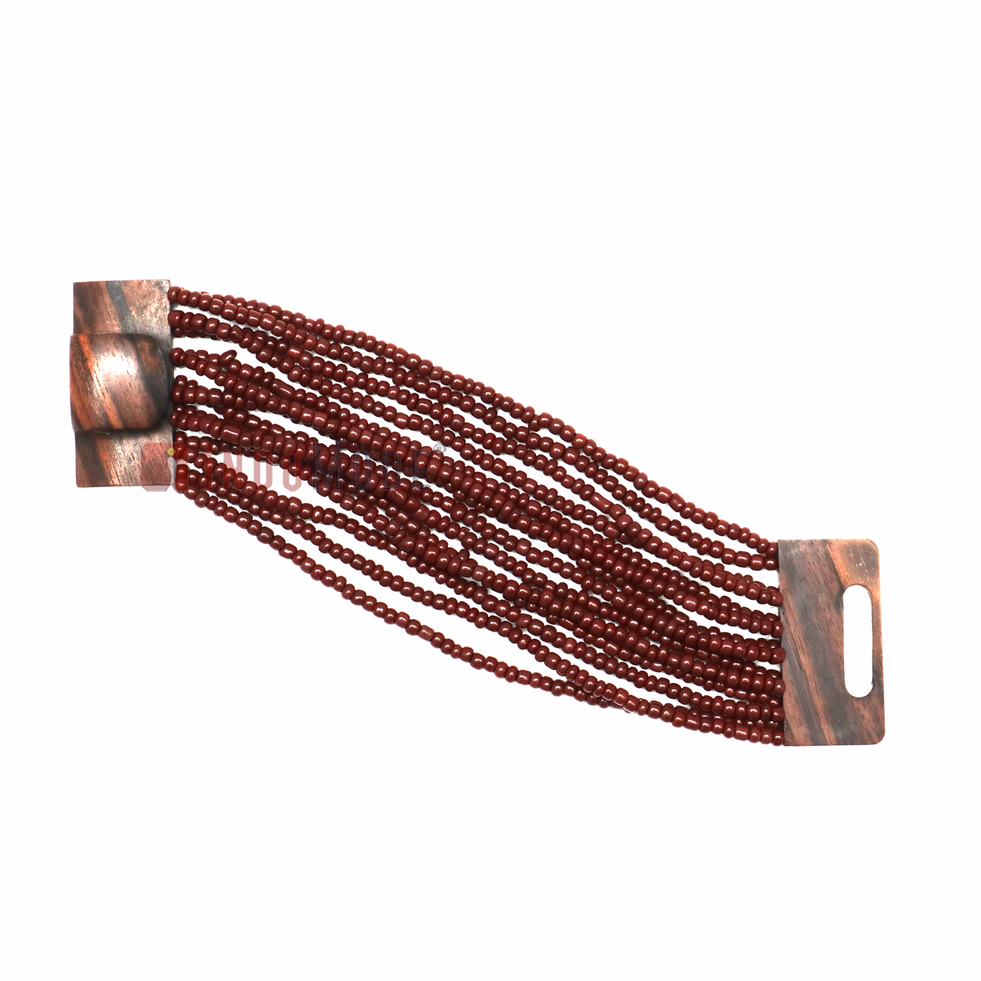 Maroon Beaded Bali Bracelet Ethnic Design Glass Wooden Buckle Clasp
