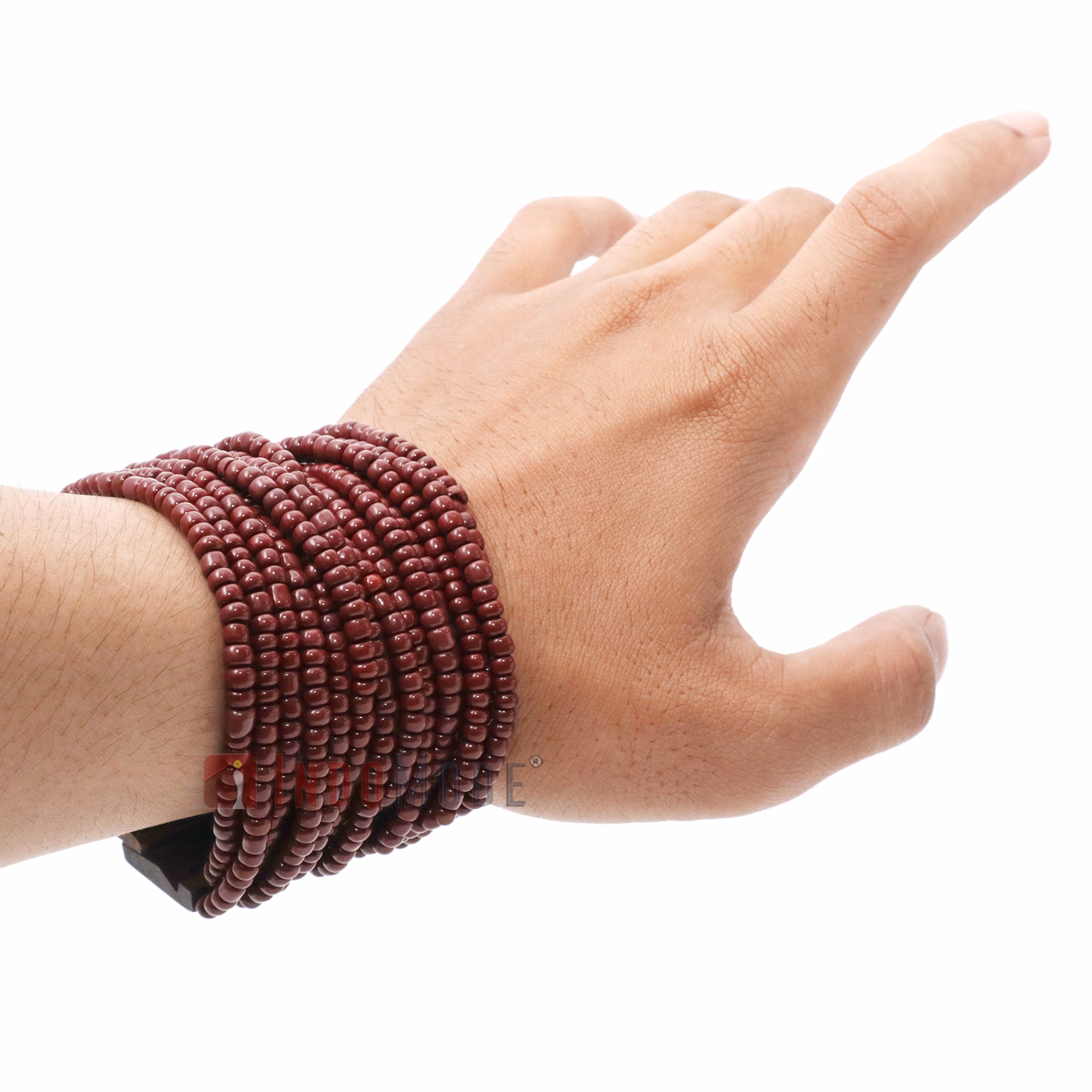 Maroon Beaded Bali Bracelet Ethnic Design Glass Wooden Buckle Clasp