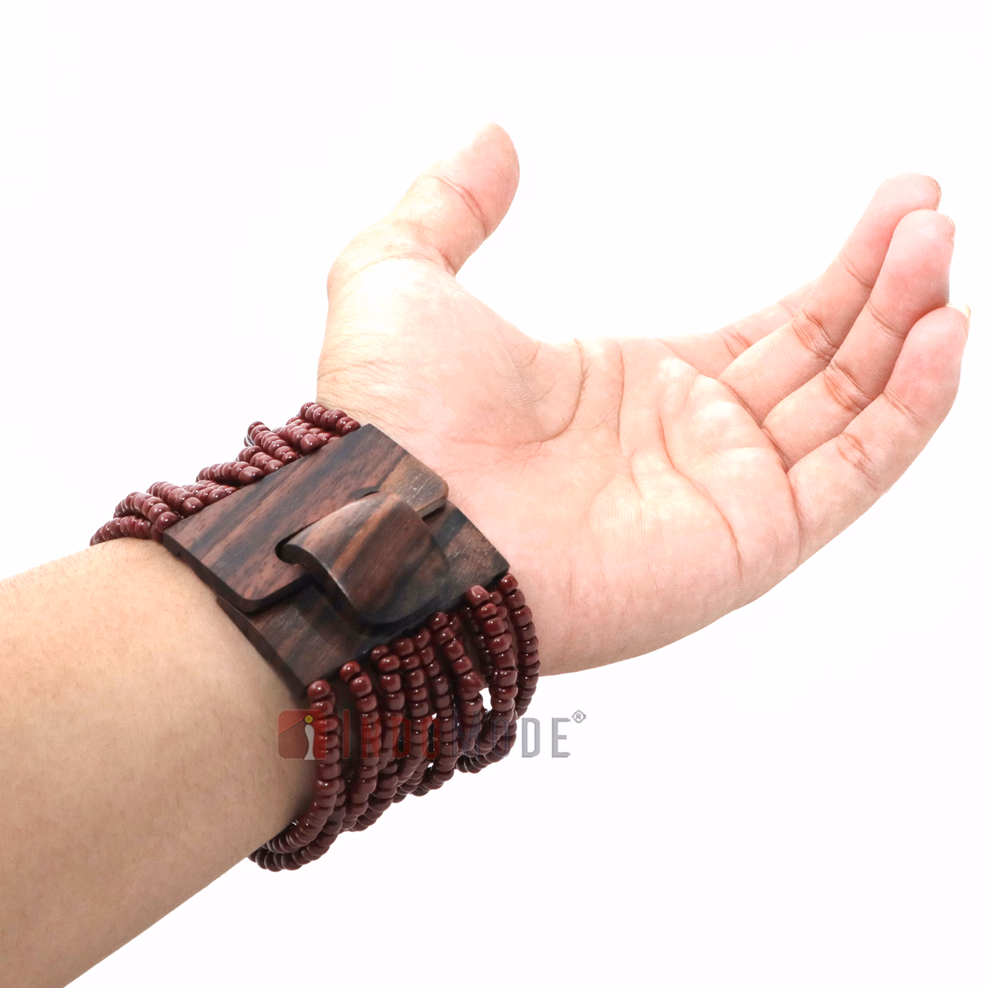 Maroon Beaded Bali Bracelet Ethnic Design Glass Wooden Buckle Clasp