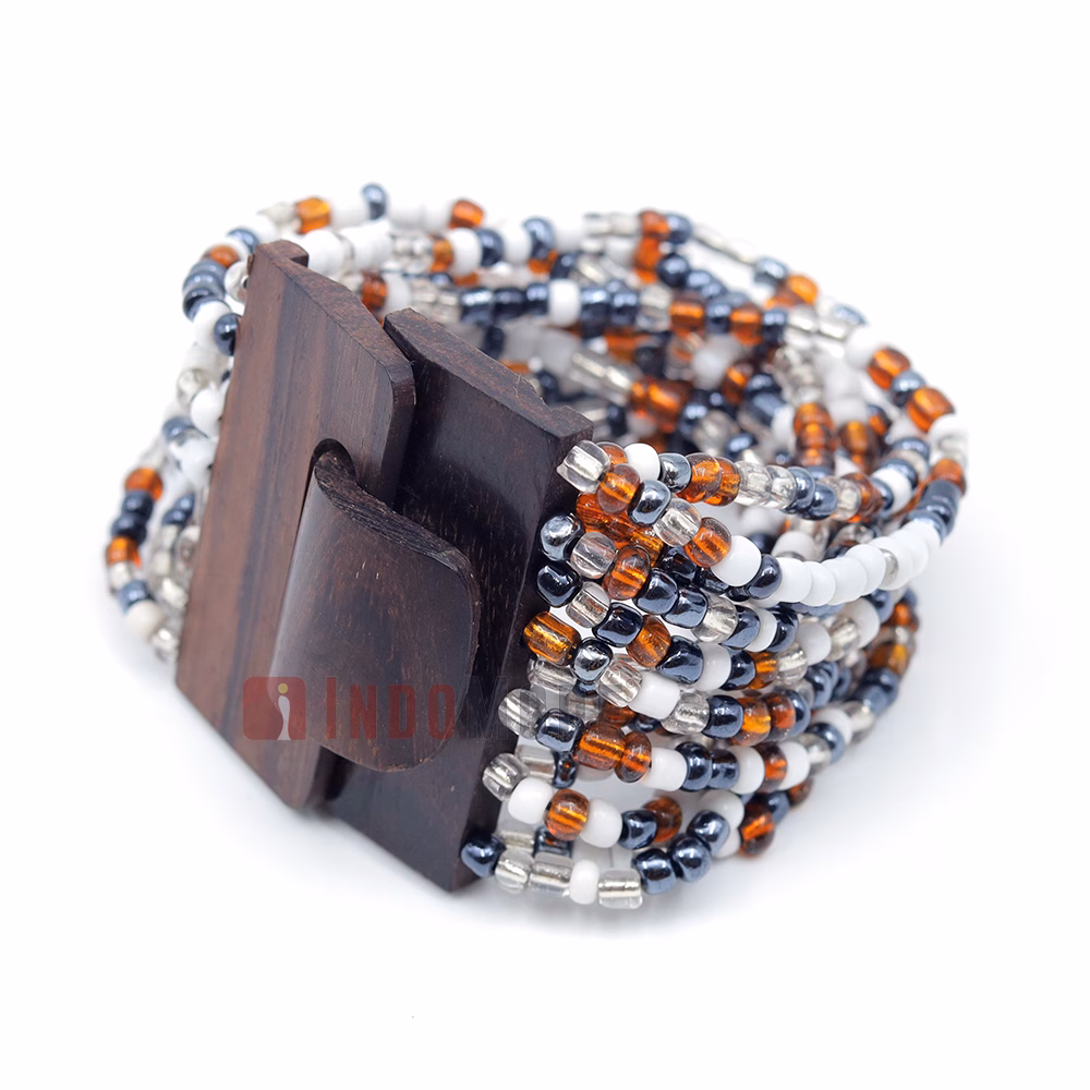 Beaded Bali Bracelet Brown White Hematite-Color Glass Wood Buckle