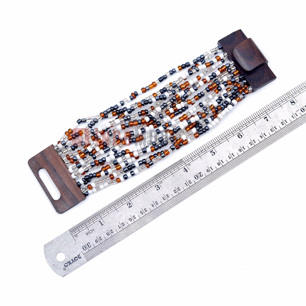 Beaded Bali Bracelet Brown White Hematite-Color Glass Wood Buckle - Image 2