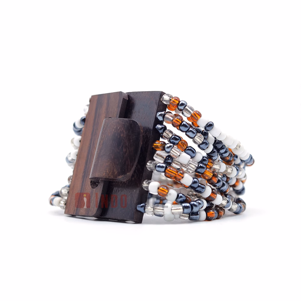Beaded Bali Bracelet Brown White Hematite-Color Glass Wood Buckle - Image 3