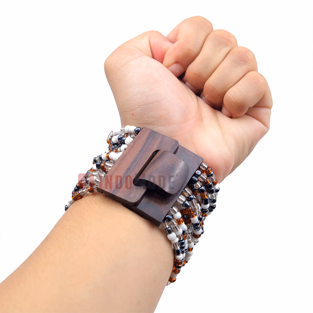 Beaded Bali Bracelet Brown White Hematite-Color Glass Wood Buckle - Image 5