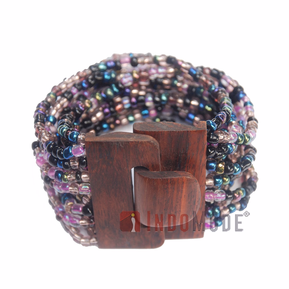 Beaded Bracelet Purple Black Chrome Handcrafted Sculpted Wood Clasp