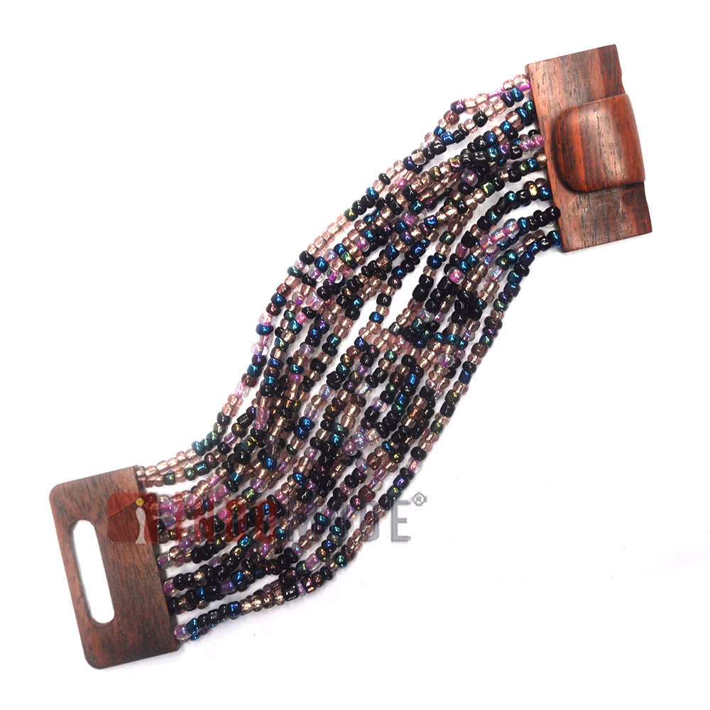 Beaded Bracelet Purple Black Chrome Handcrafted Sculpted Wood Clasp