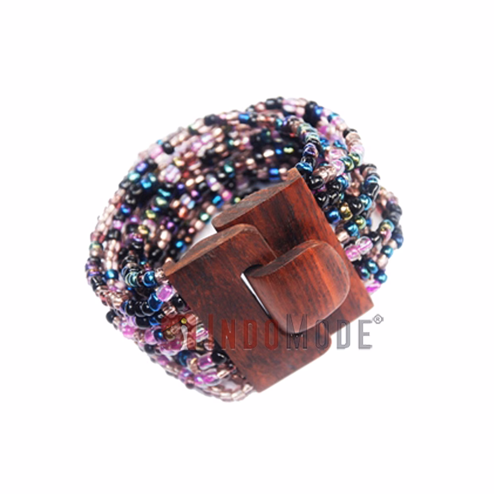 Beaded Bracelet Purple Black Chrome Handcrafted Sculpted Wood Clasp