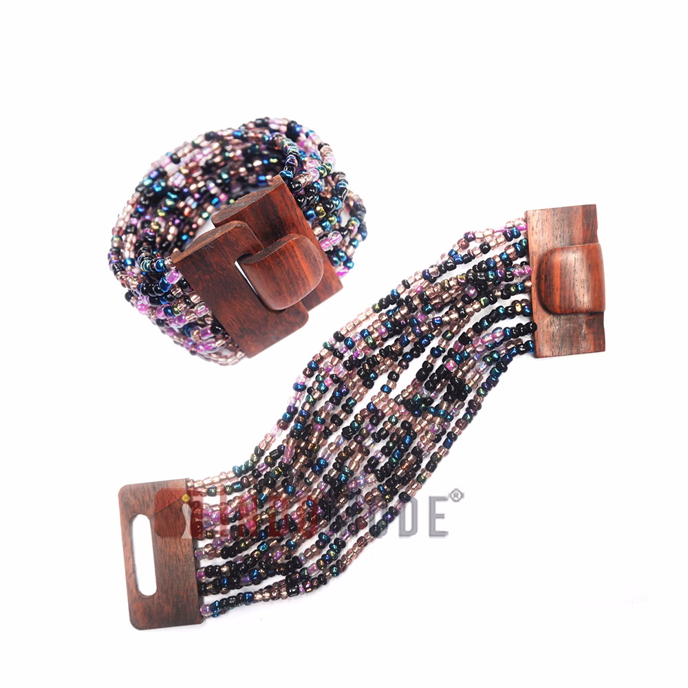 Beaded Bracelet Purple Black Chrome Handcrafted Sculpted Wood Clasp