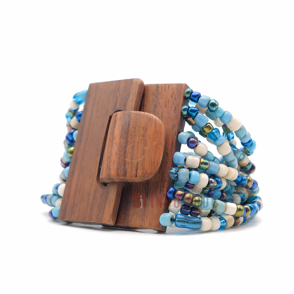 Beaded Bracelet 14-Strand Bone White Gold-Tone Blue Clear Women's Handcrafted Beads