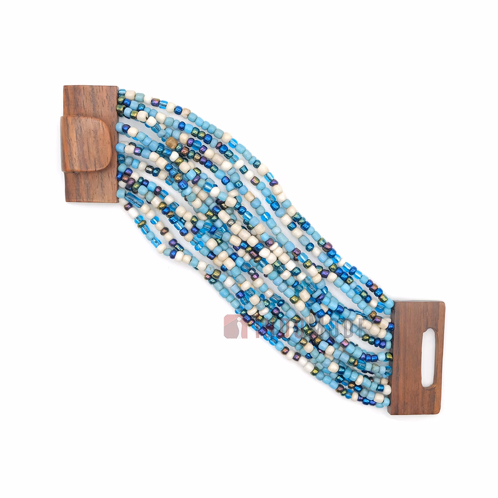 Beaded Bracelet 14-Strand Bone White Gold-Tone Blue Clear Women's Handcrafted Beads