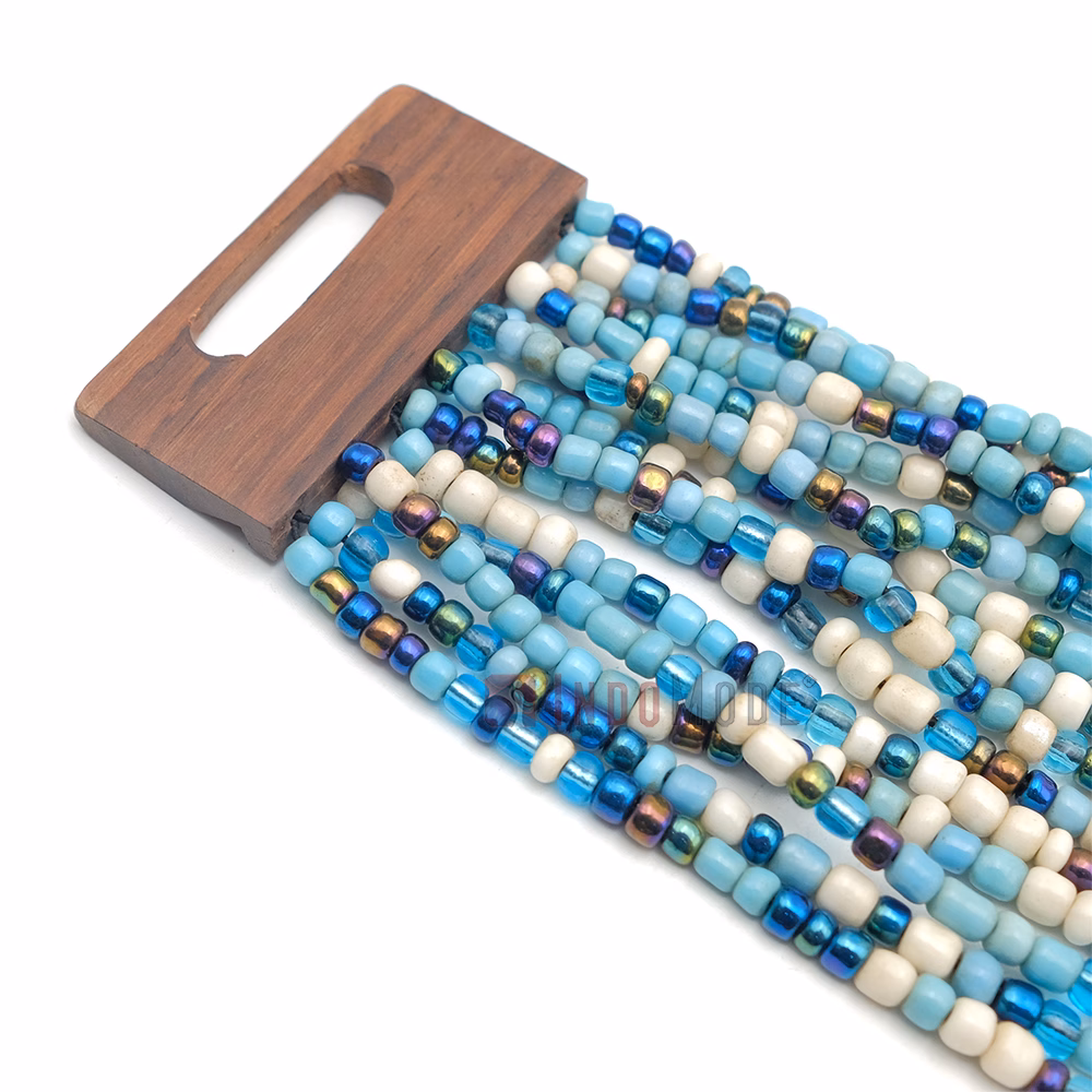 Beaded Bracelet 14-Strand Bone White Gold-Tone Blue Clear Women's Handcrafted Beads