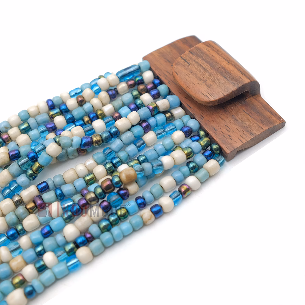 Beaded Bracelet 14-Strand Bone White Gold-Tone Blue Clear Women's Handcrafted Beads