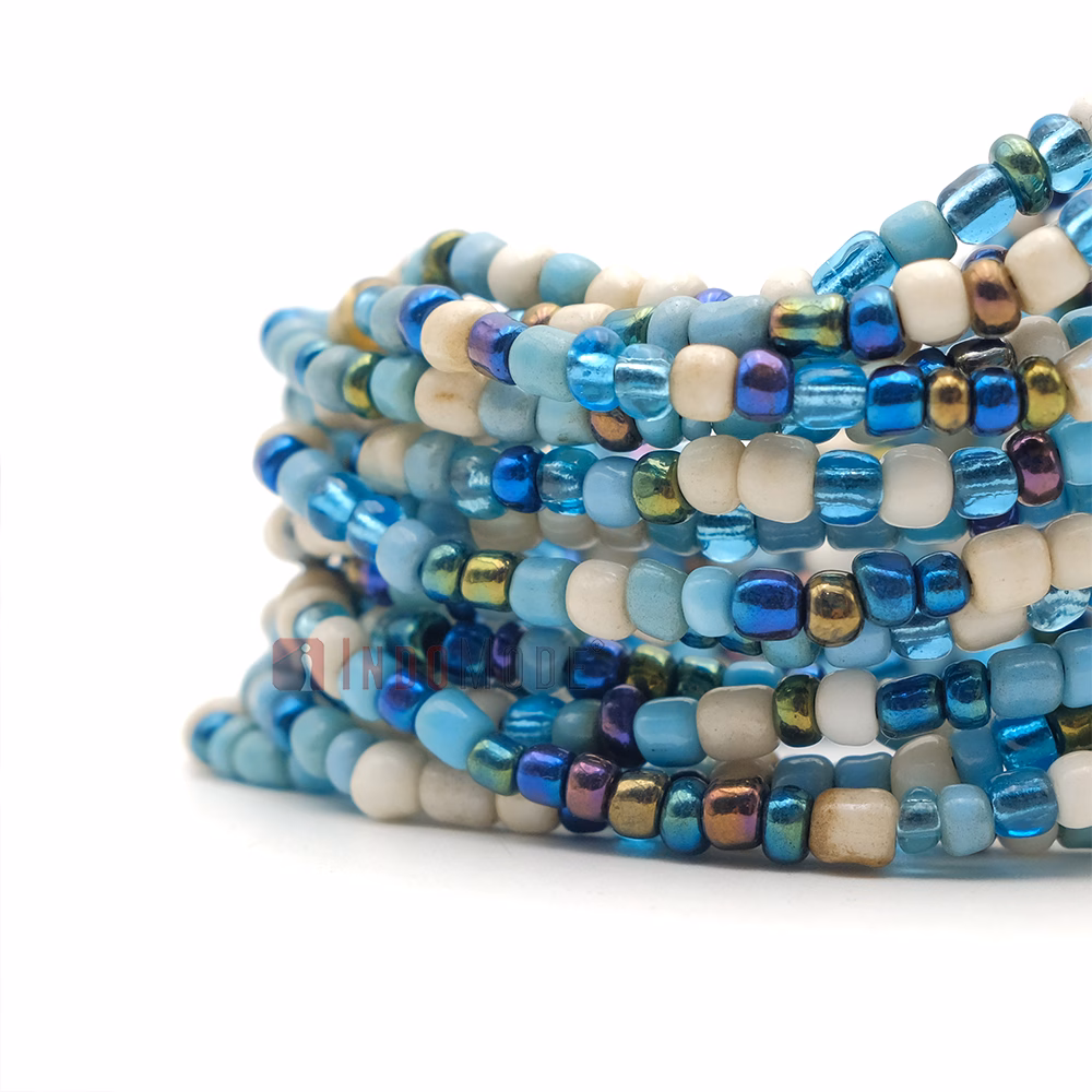 Beaded Bracelet 14-Strand Bone White Gold-Tone Blue Clear Women's Handcrafted Beads