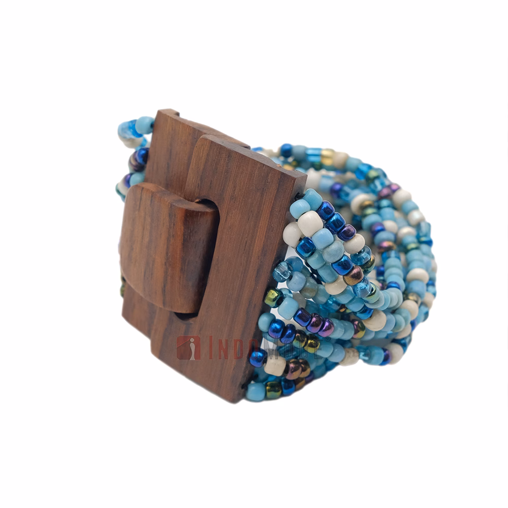 Beaded Bracelet 14-Strand Bone White Gold-Tone Blue Clear Women's Handcrafted Beads