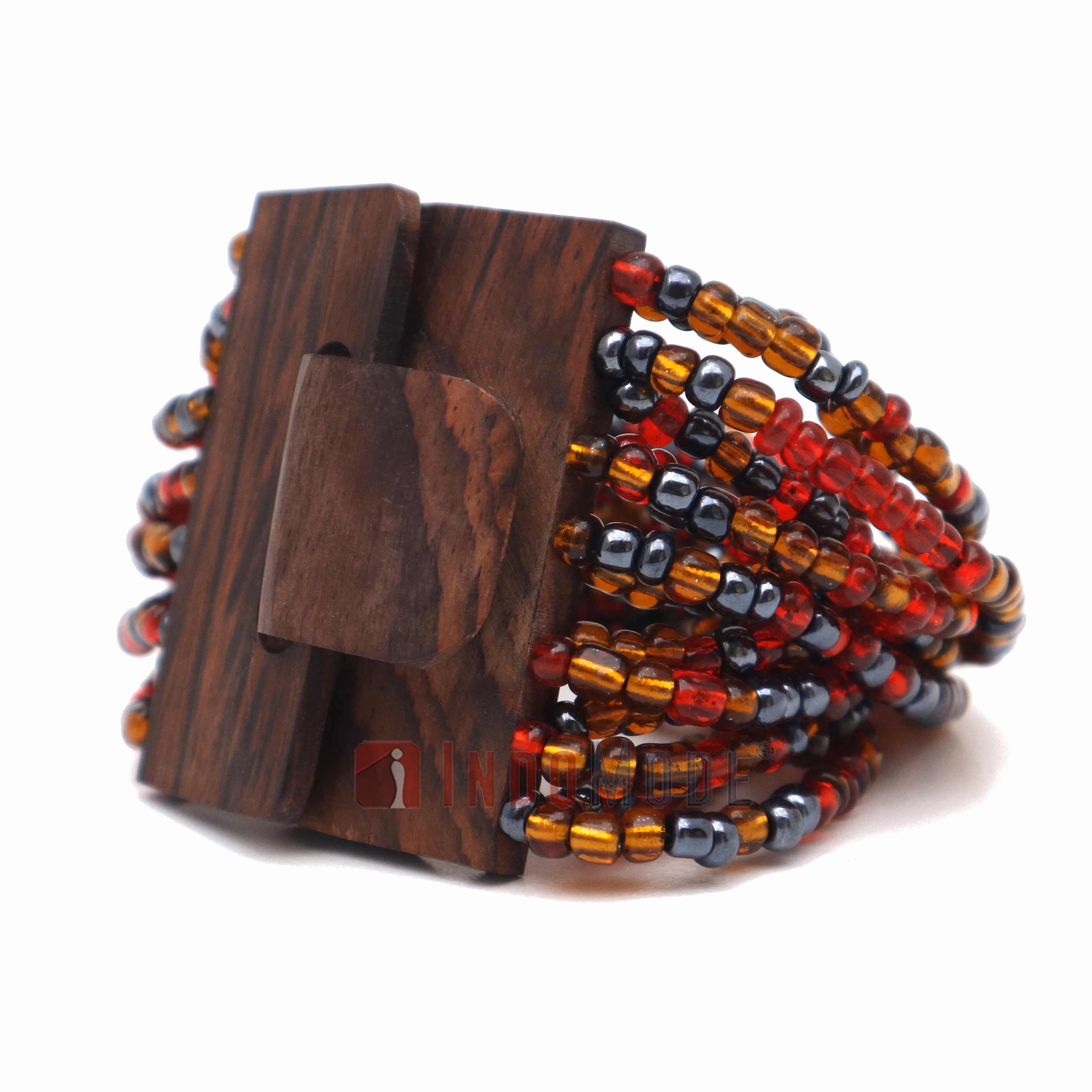 Red Brown and Hematite Color 14-Strand Beaded Bracelet Wooden Clasp