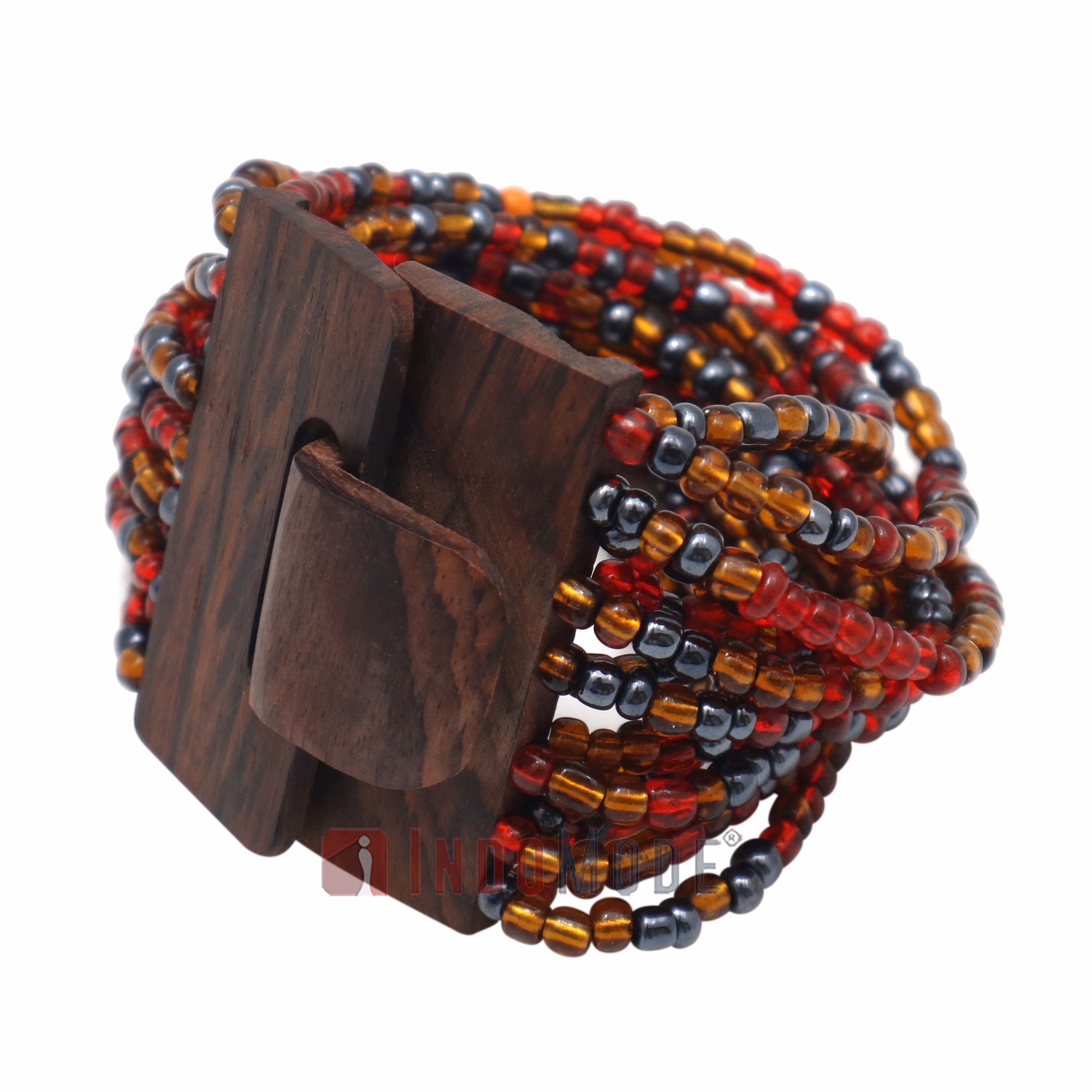 Red Brown and Hematite Color 14-Strand Beaded Bracelet Wooden Clasp