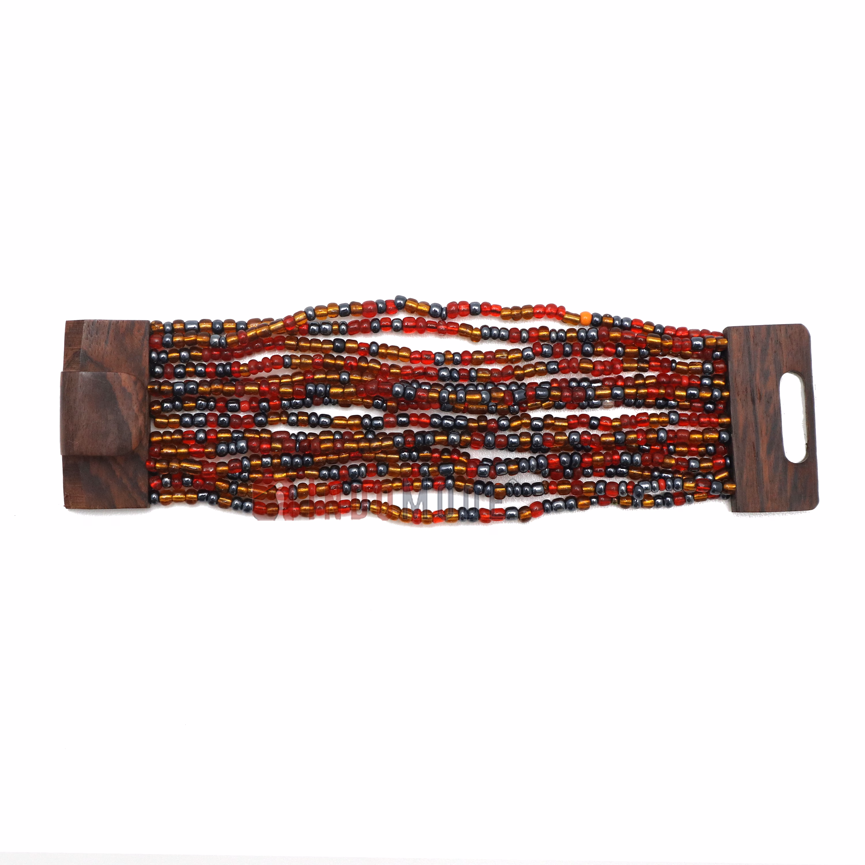 Red Brown and Hematite Color 14-Strand Beaded Bracelet Wooden Clasp