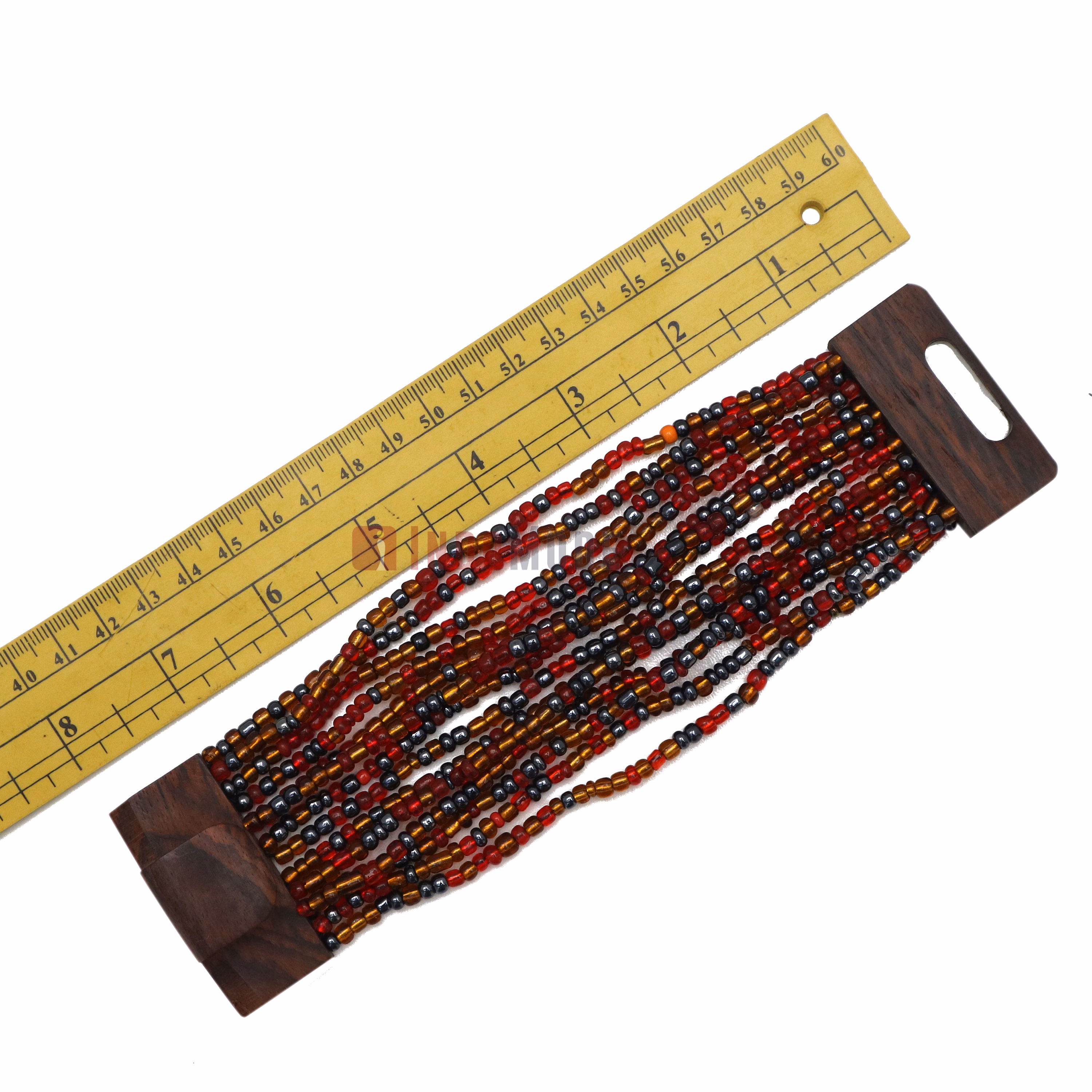 Red Brown and Hematite Color 14-Strand Beaded Bracelet Wooden Clasp