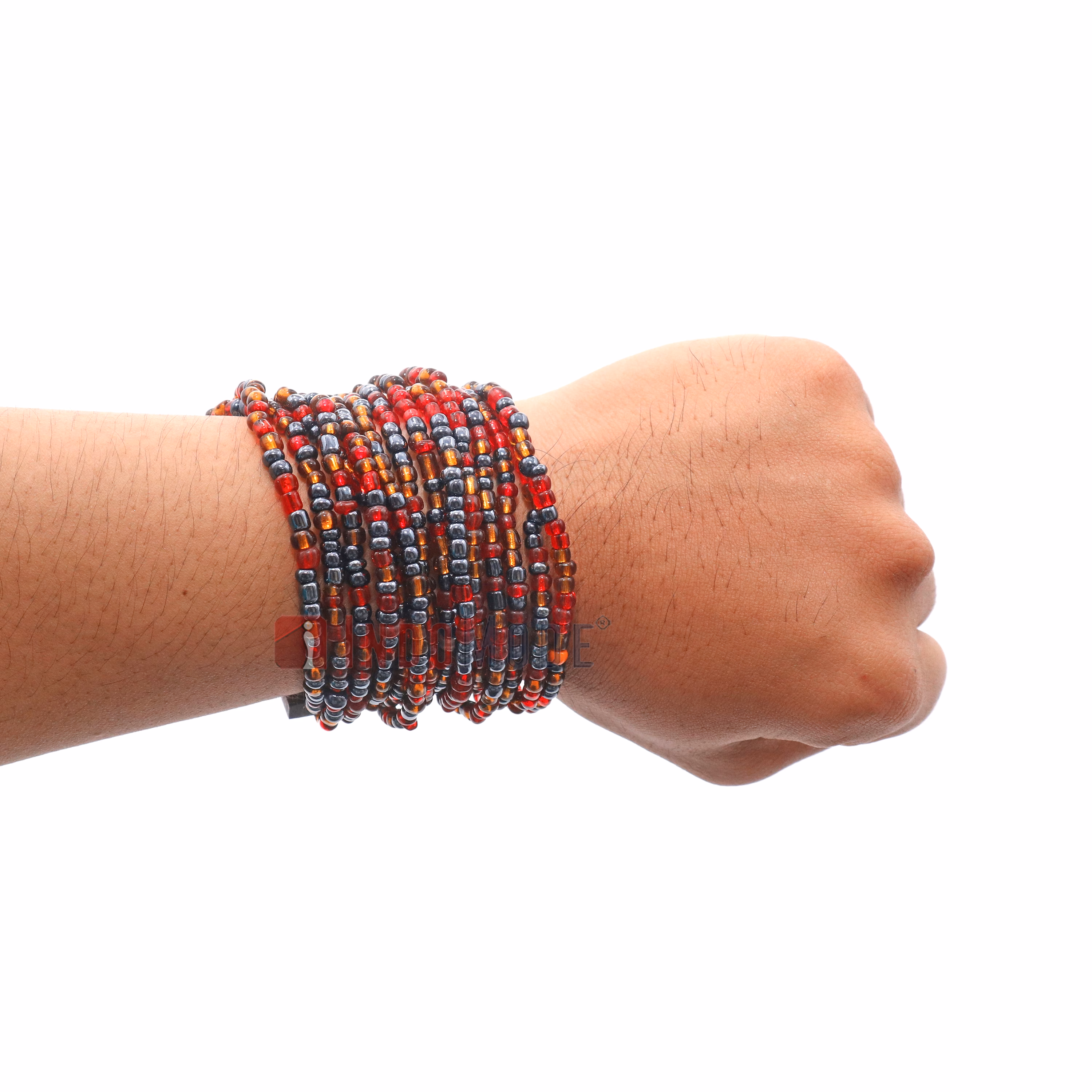 Red Brown and Hematite Color 14-Strand Beaded Bracelet Wooden Clasp
