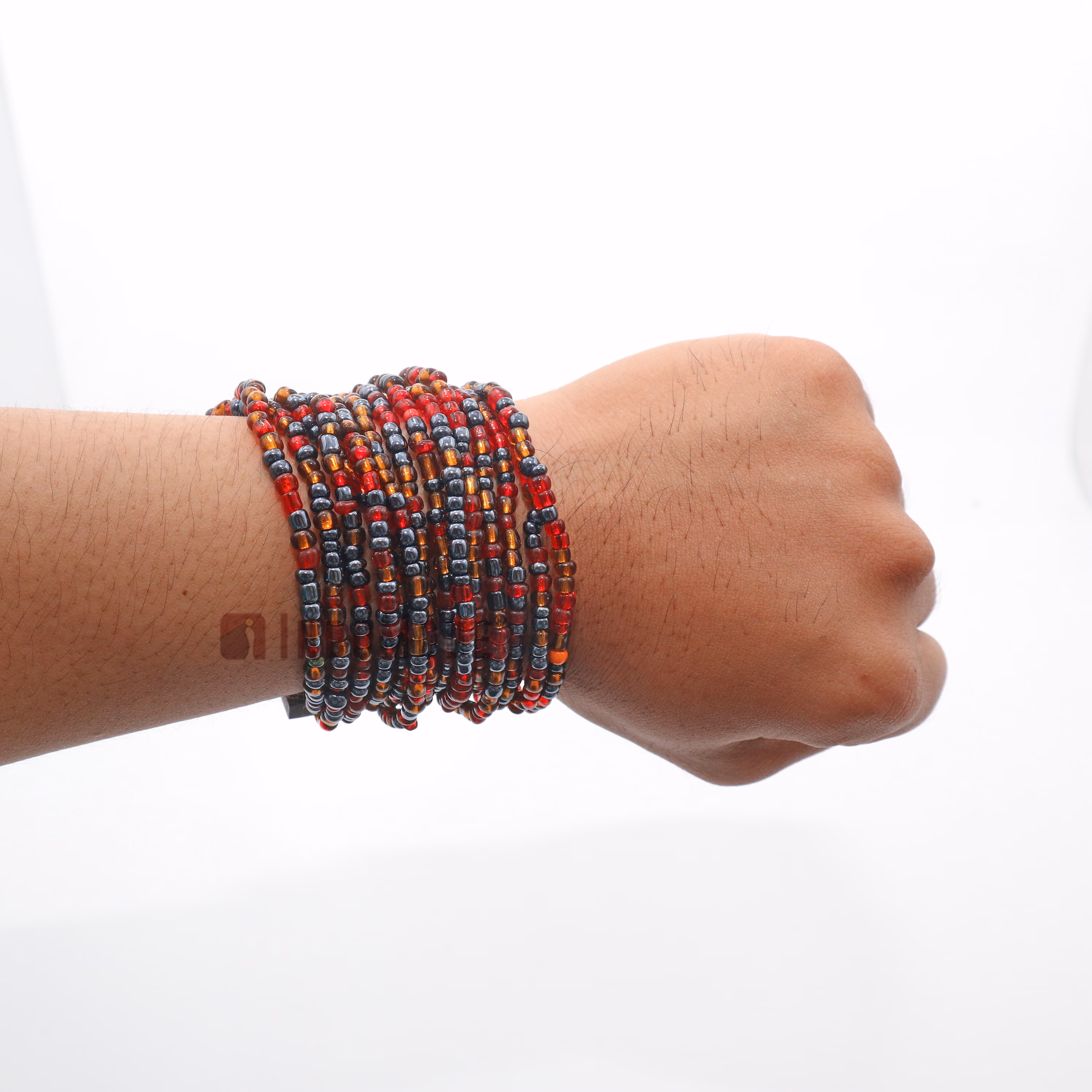 Red Brown and Hematite Color 14-Strand Beaded Bracelet Wooden Clasp