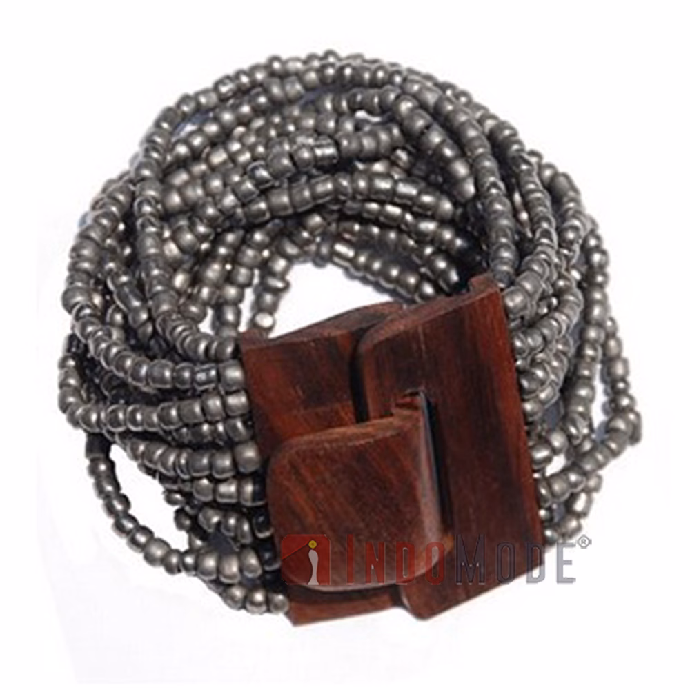 Metallic Silver-Tone Handmade Beaded Bracelet Hardwood Buckle Clasp