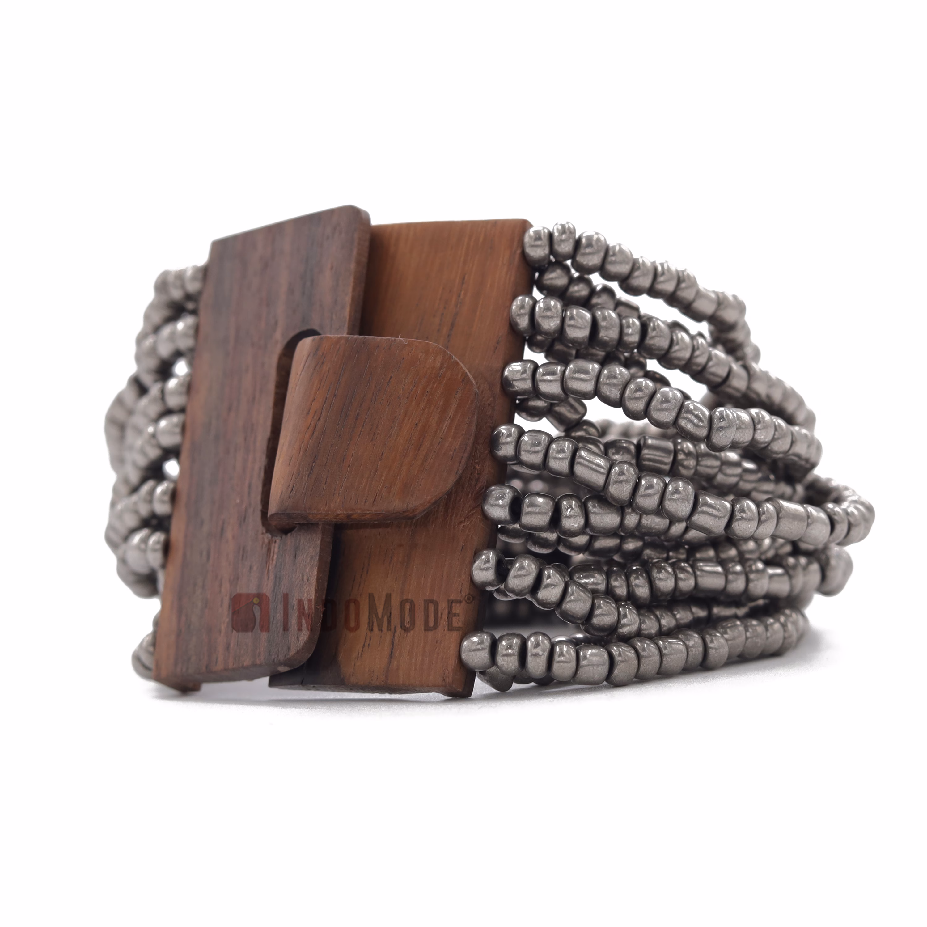 Metallic Silver-Tone Handmade Beaded Bracelet Hardwood Buckle Clasp - Image 2