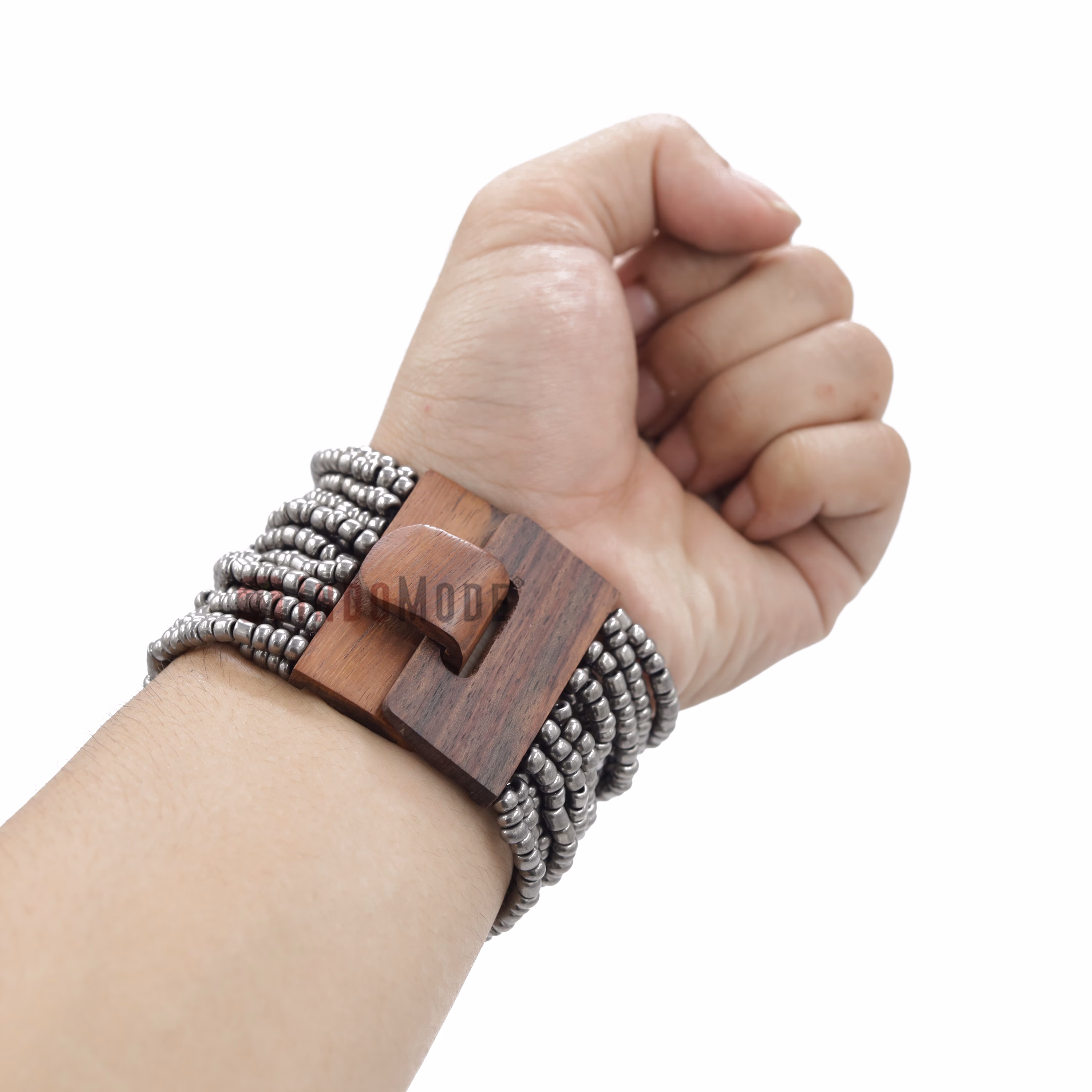 Metallic Silver-Tone Handmade Beaded Bracelet Hardwood Buckle Clasp - Image 3