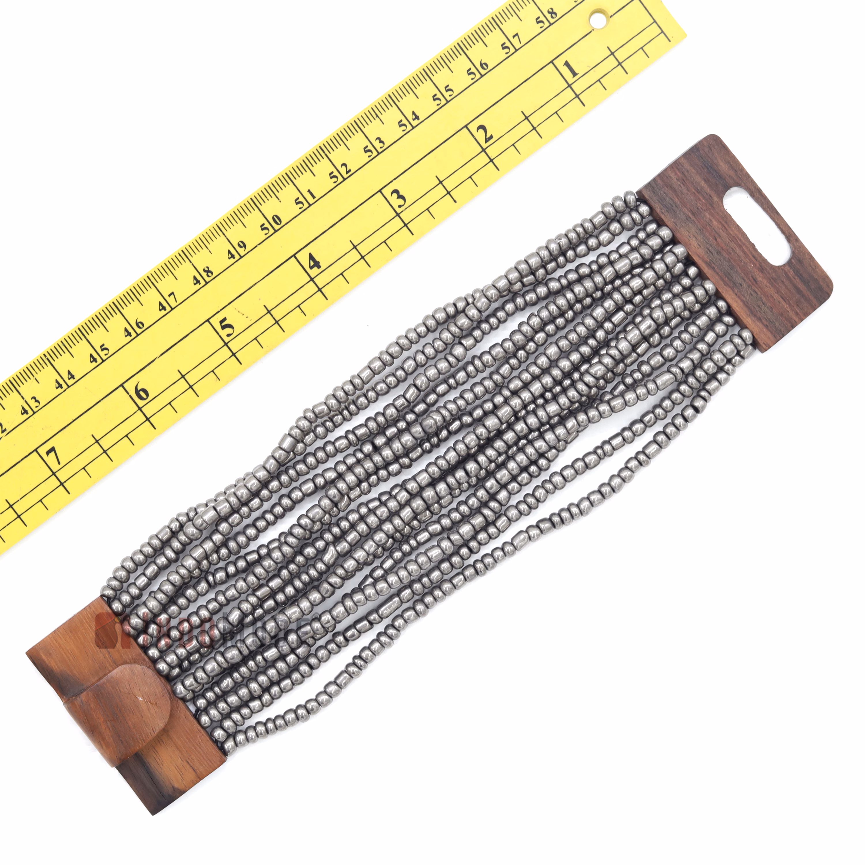 Metallic Silver-Tone Handmade Beaded Bracelet Hardwood Buckle Clasp - Image 4