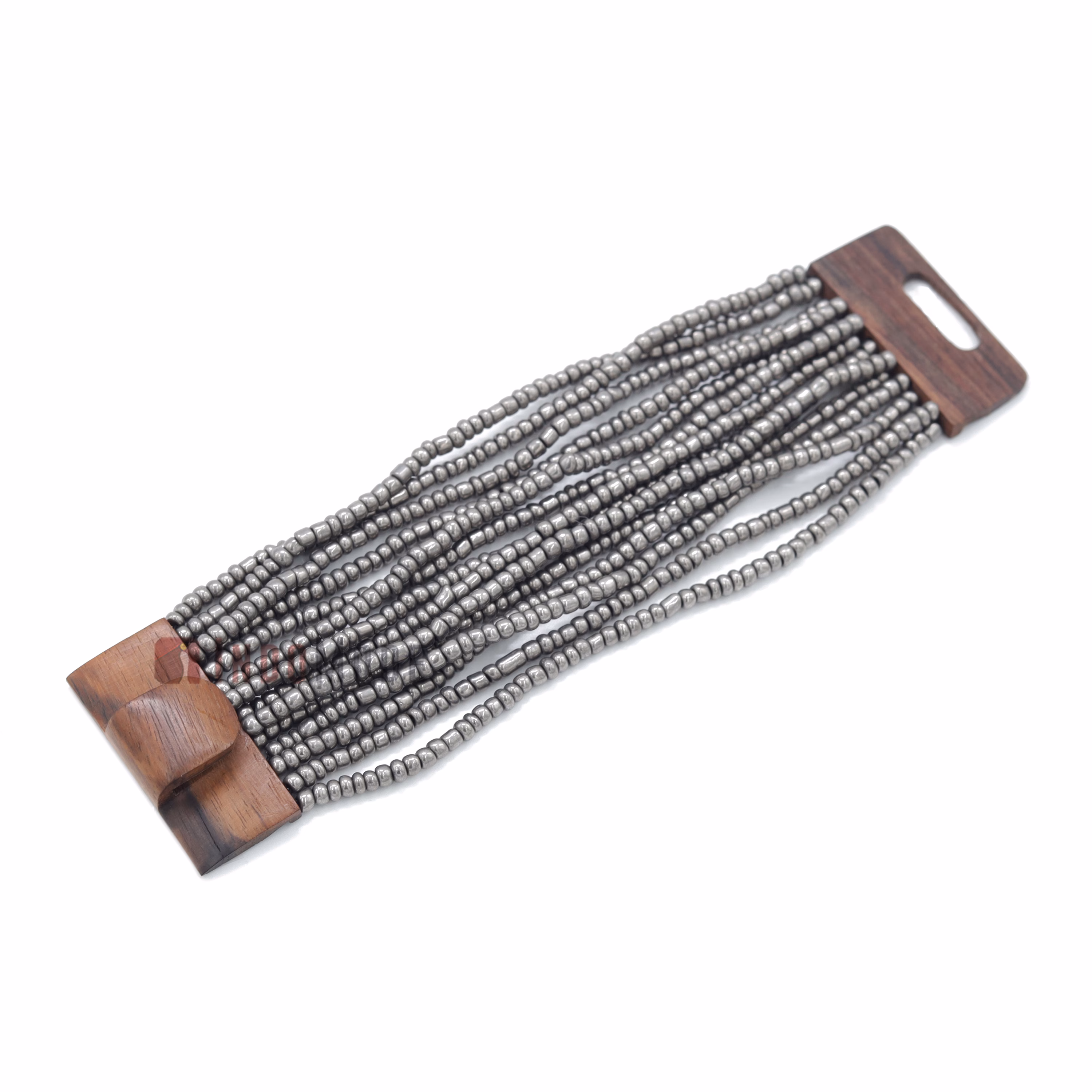 Metallic Silver-Tone Handmade Beaded Bracelet Hardwood Buckle Clasp - Image 5