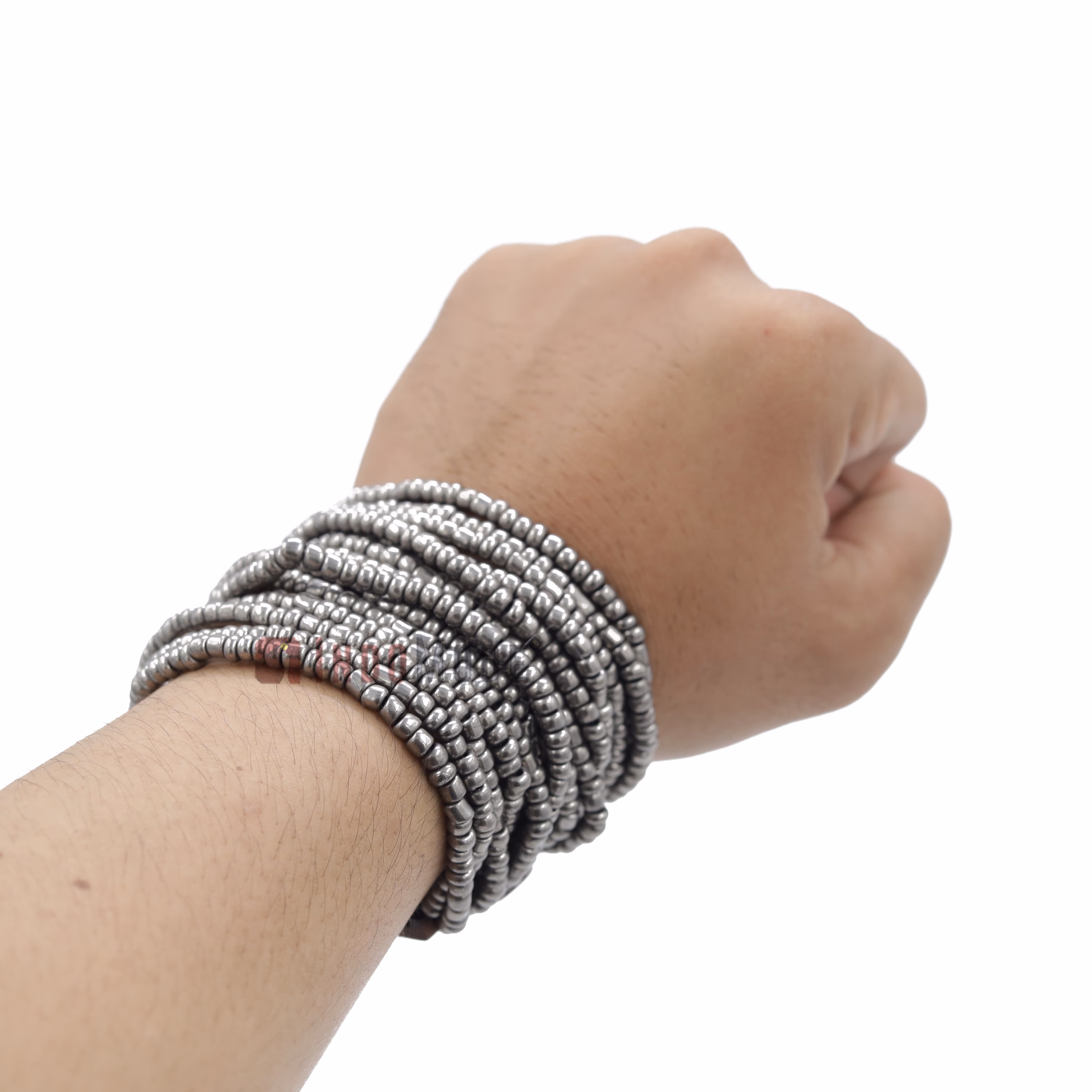 Metallic Silver-Tone Handmade Beaded Bracelet Hardwood Buckle Clasp - Image 6