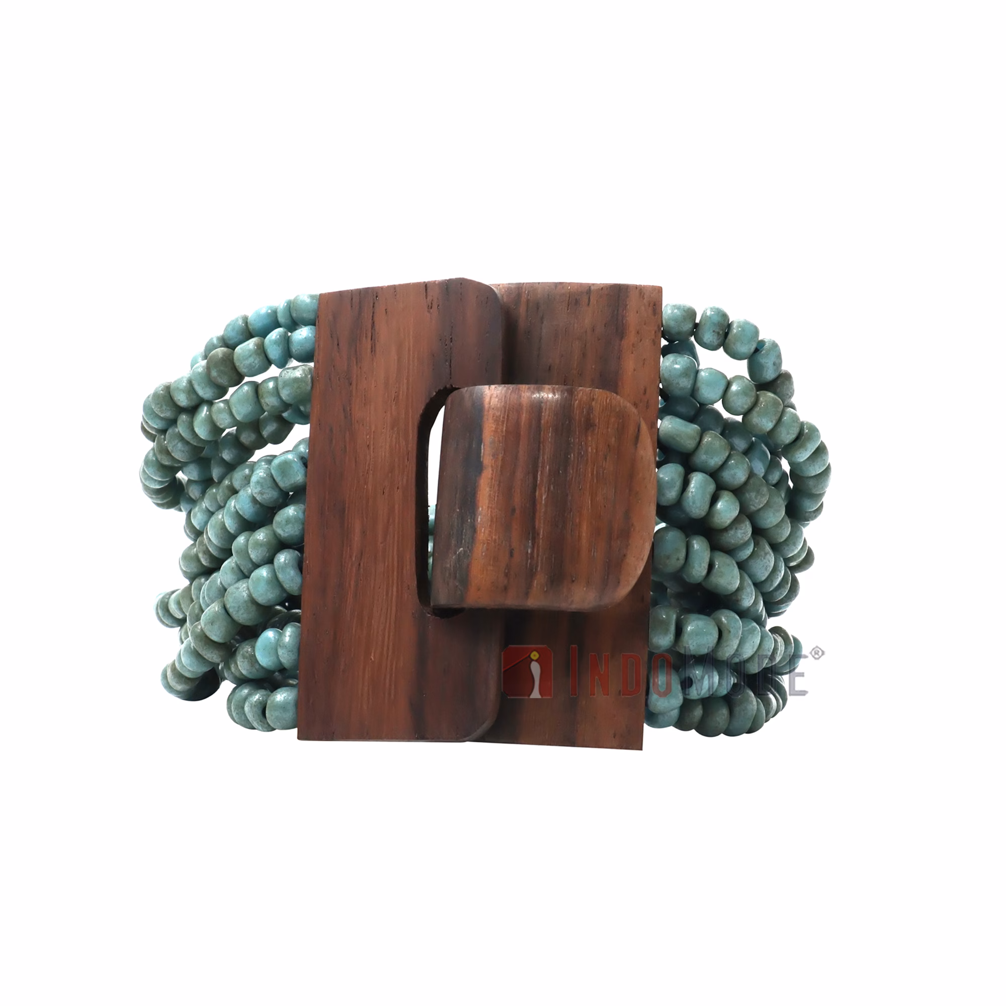 Turquoise Beaded Bracelet - Ethnic Handmade Glass Beads Elastic with Wood Clasp