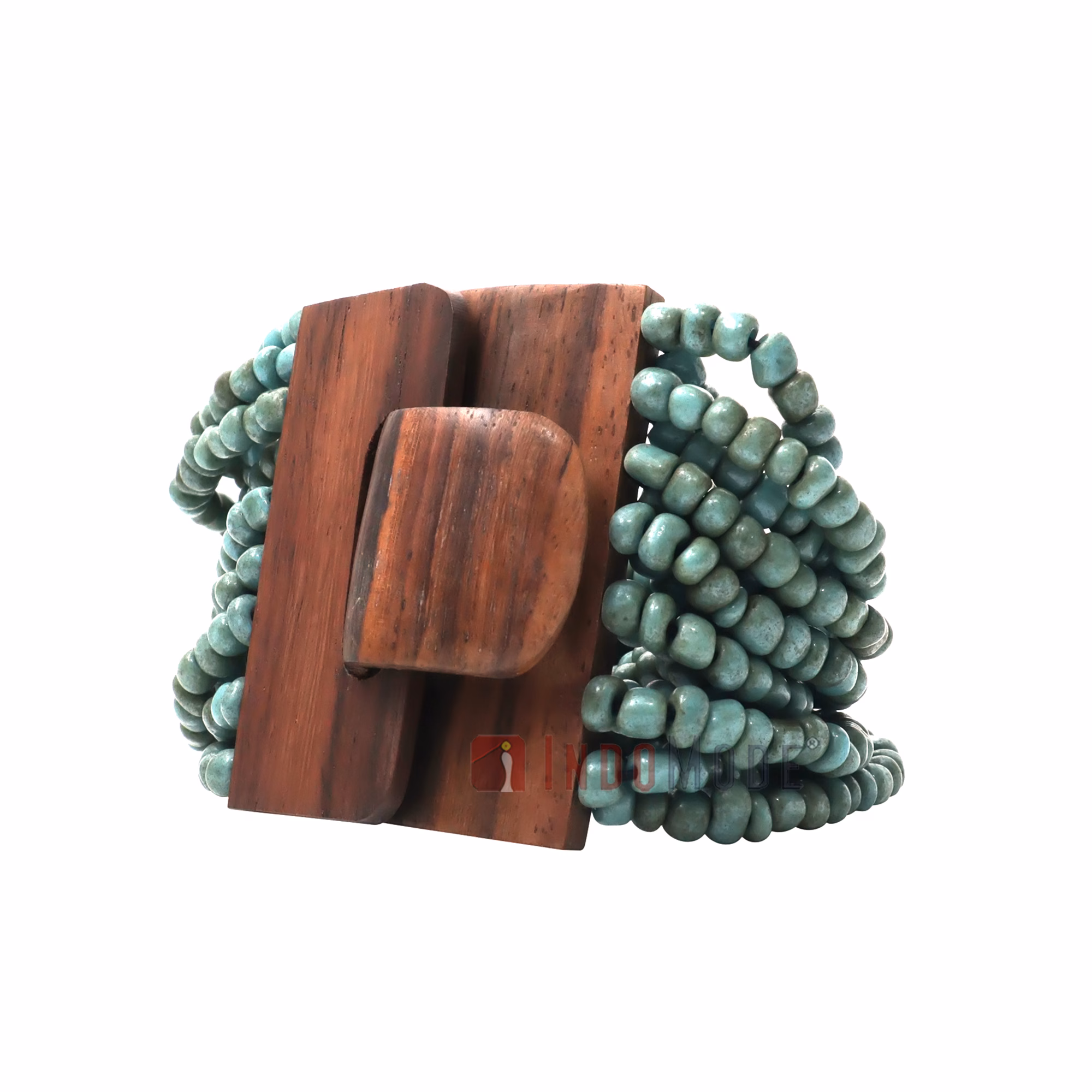 Turquoise Beaded Bracelet - Ethnic Handmade Glass Beads Elastic with Wood Clasp