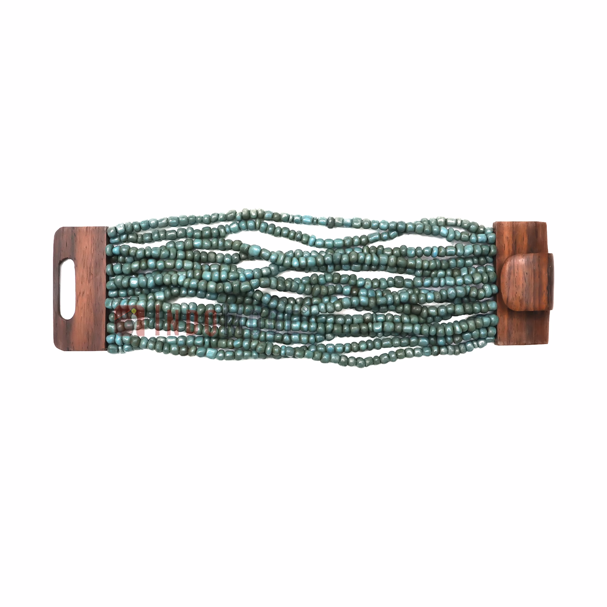Turquoise Beaded Bracelet - Ethnic Handmade Glass Beads Elastic with Wood Clasp