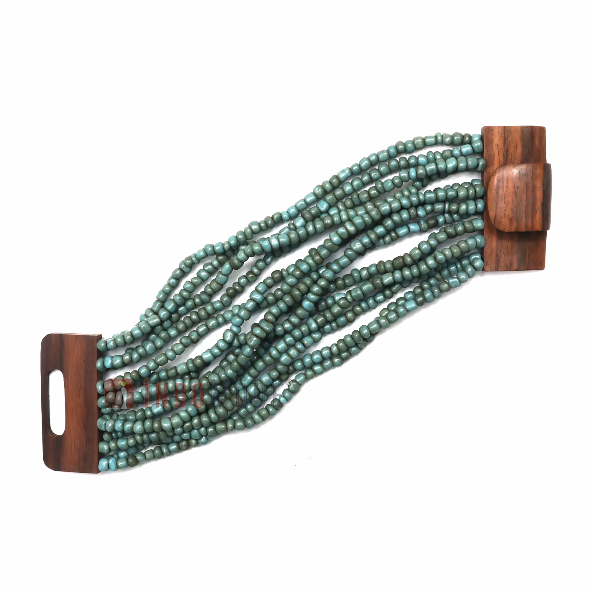 Turquoise Beaded Bracelet - Ethnic Handmade Glass Beads Elastic with Wood Clasp