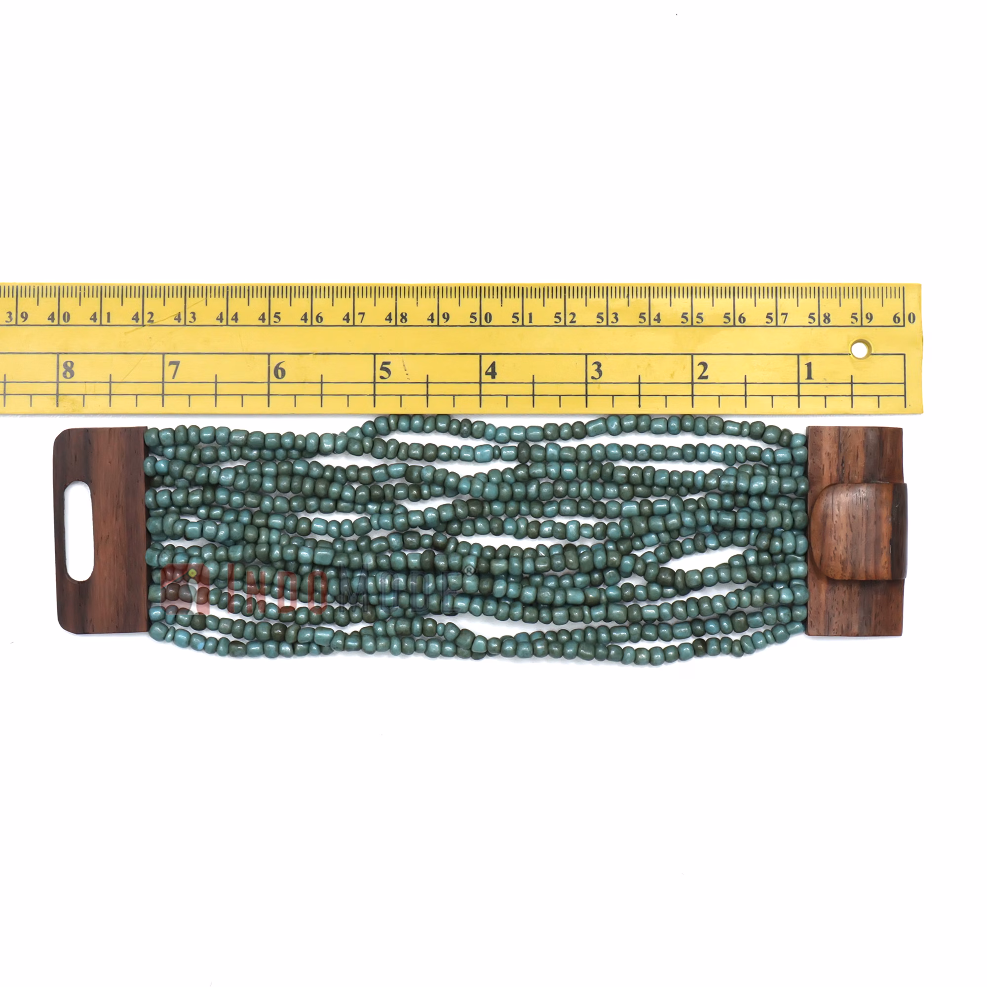 Turquoise Beaded Bracelet - Ethnic Handmade Glass Beads Elastic with Wood Clasp