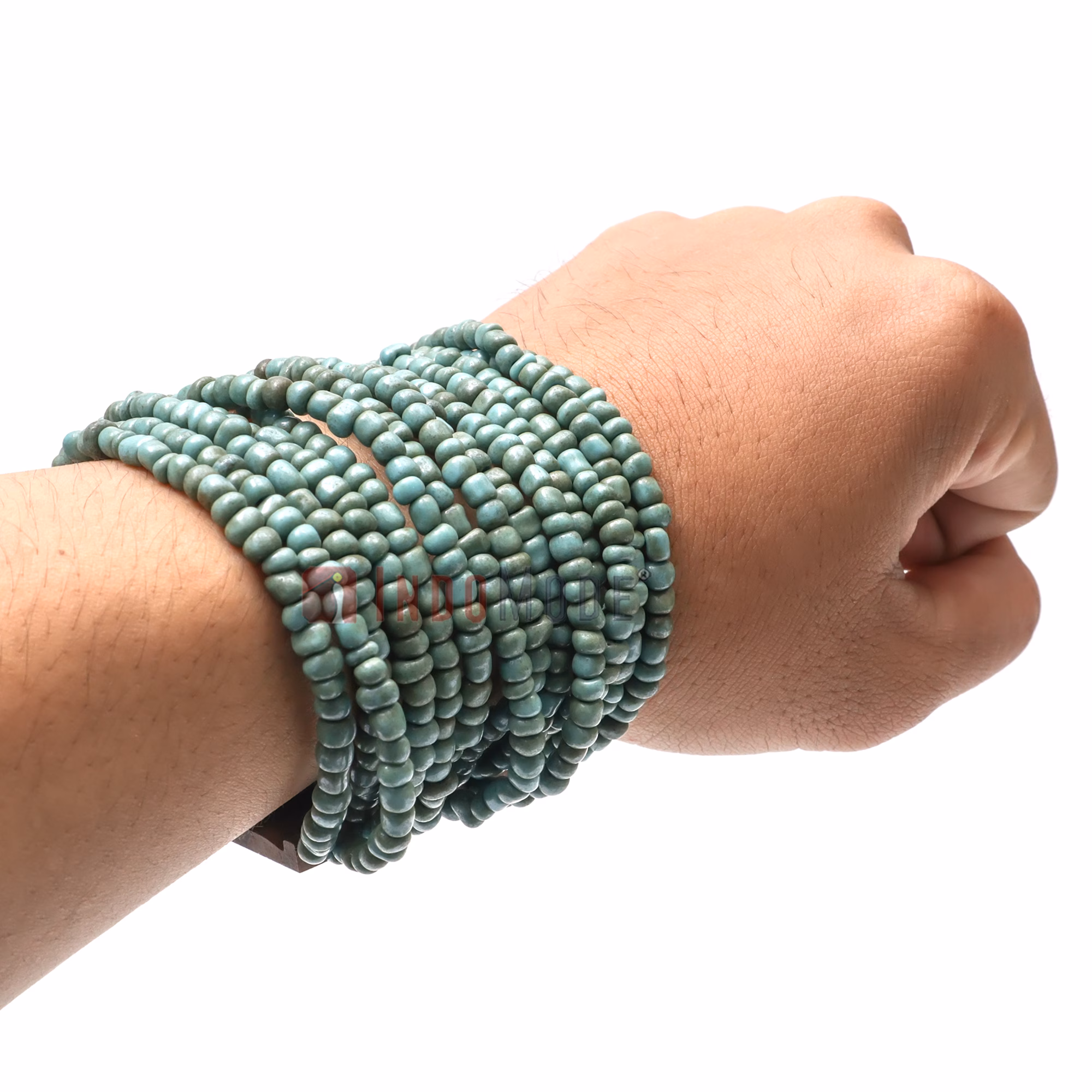 Turquoise Beaded Bracelet - Ethnic Handmade Glass Beads Elastic with Wood Clasp