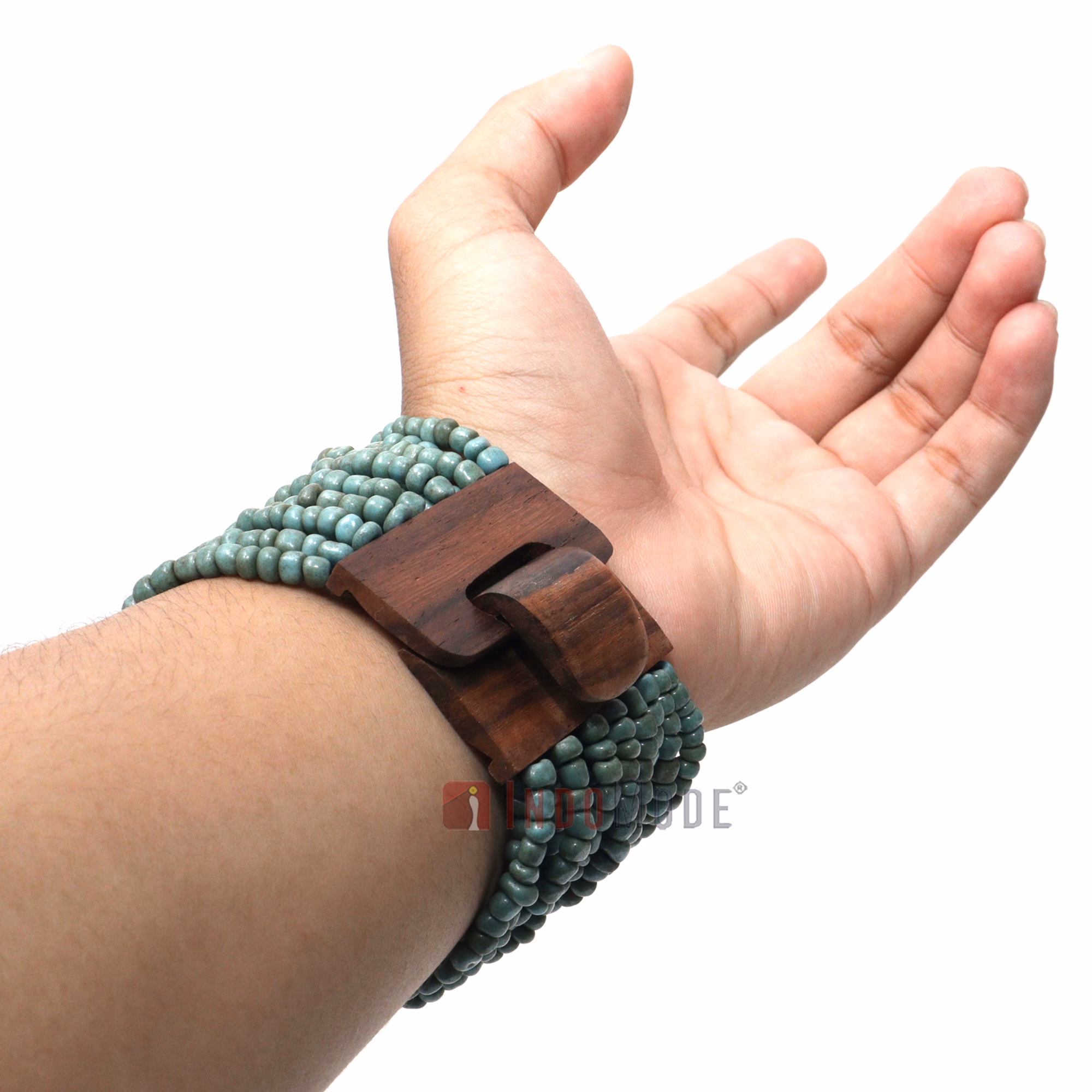Turquoise Beaded Bracelet - Ethnic Handmade Glass Beads Elastic with Wood Clasp