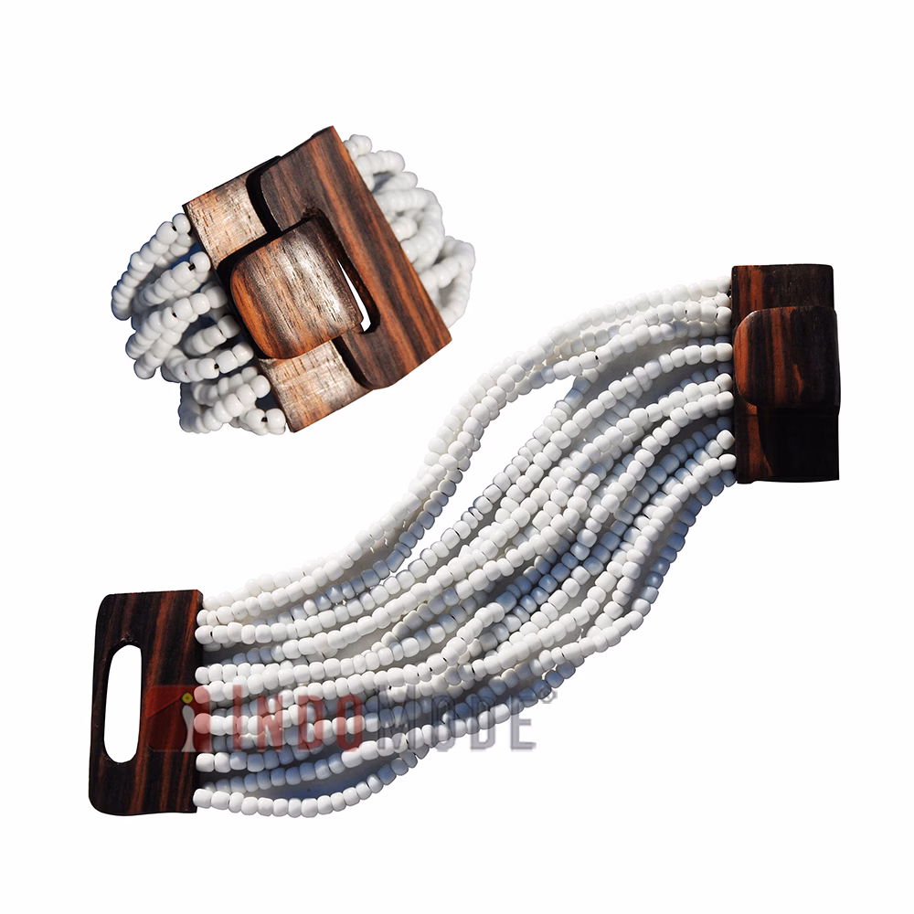 White Glass Beaded Bali Bracelet On Handcrafted Hardwood Buckle Clasp