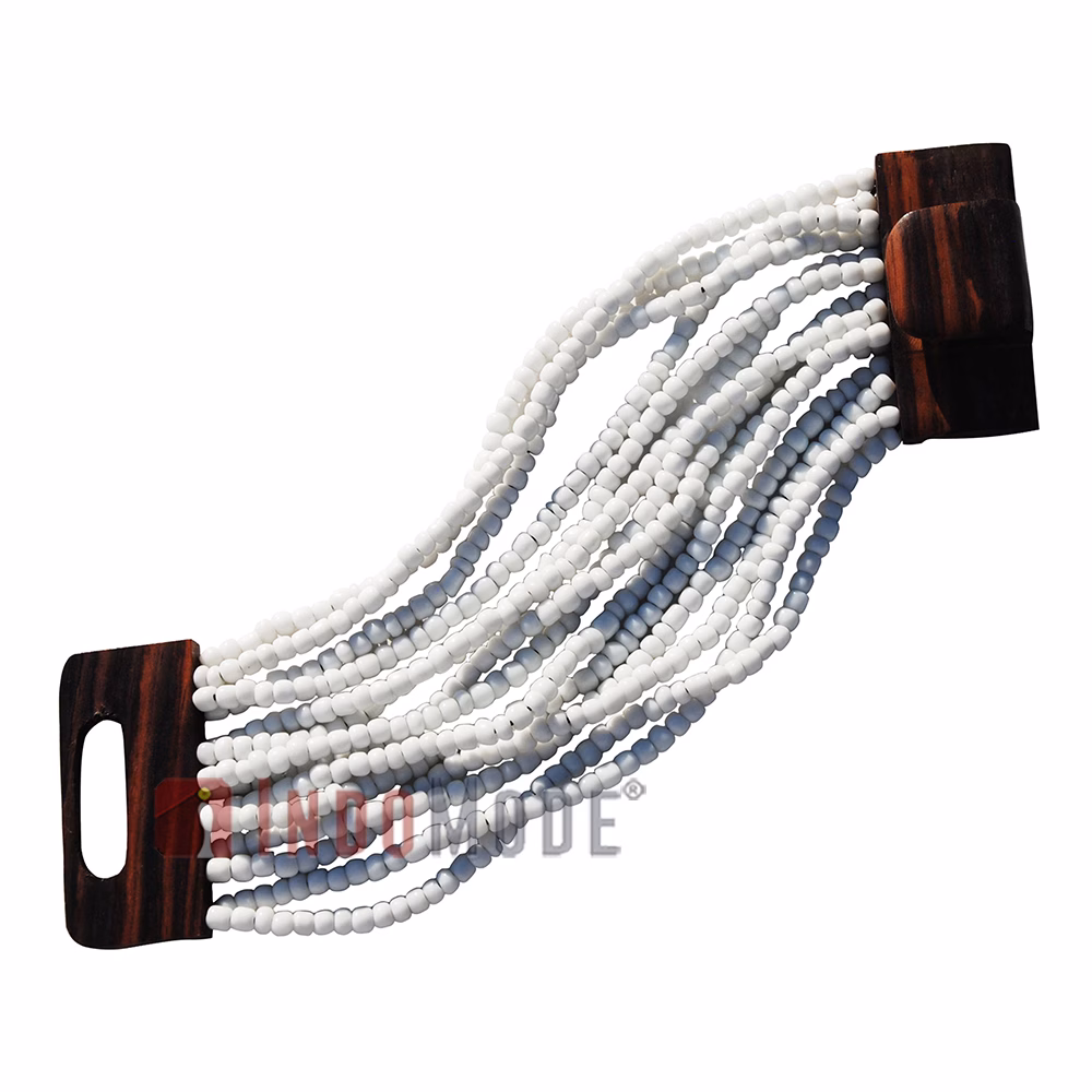 White Glass Beaded Bali Bracelet On Handcrafted Hardwood Buckle Clasp