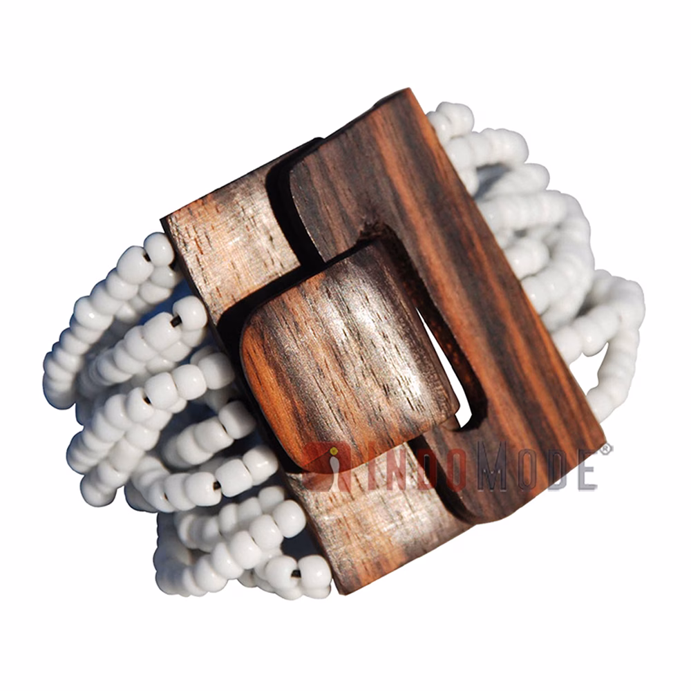 White Glass Beaded Bali Bracelet On Handcrafted Hardwood Buckle Clasp