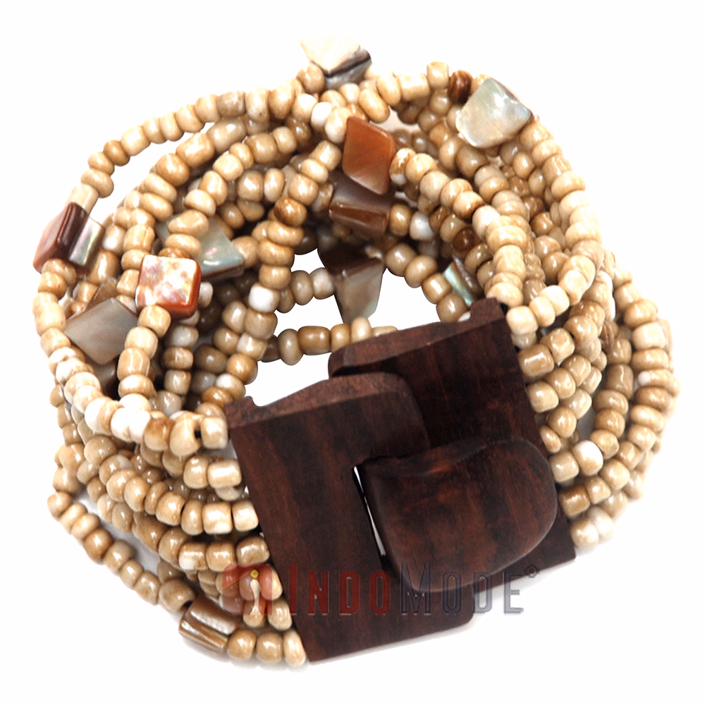 Rustic Bone White Glass Bead Bali Bracelet Wood Clasp with Mop Shells