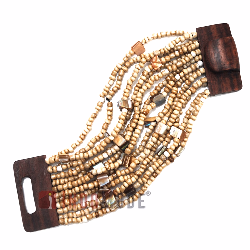 Rustic Bone White Glass Bead Bali Bracelet Wood Clasp with Mop Shells - Image 2