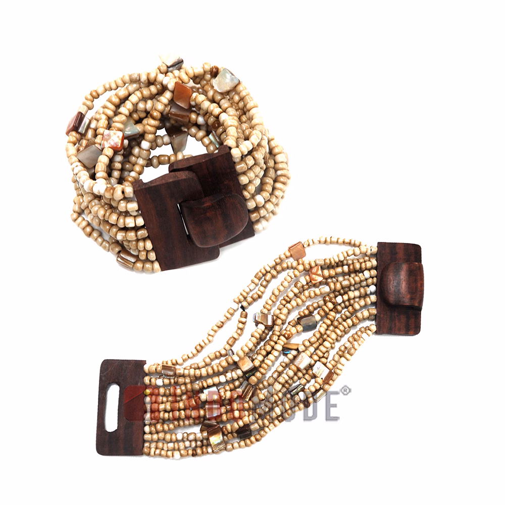 Rustic Bone White Glass Bead Bali Bracelet Wood Clasp with Mop Shells - Image 3
