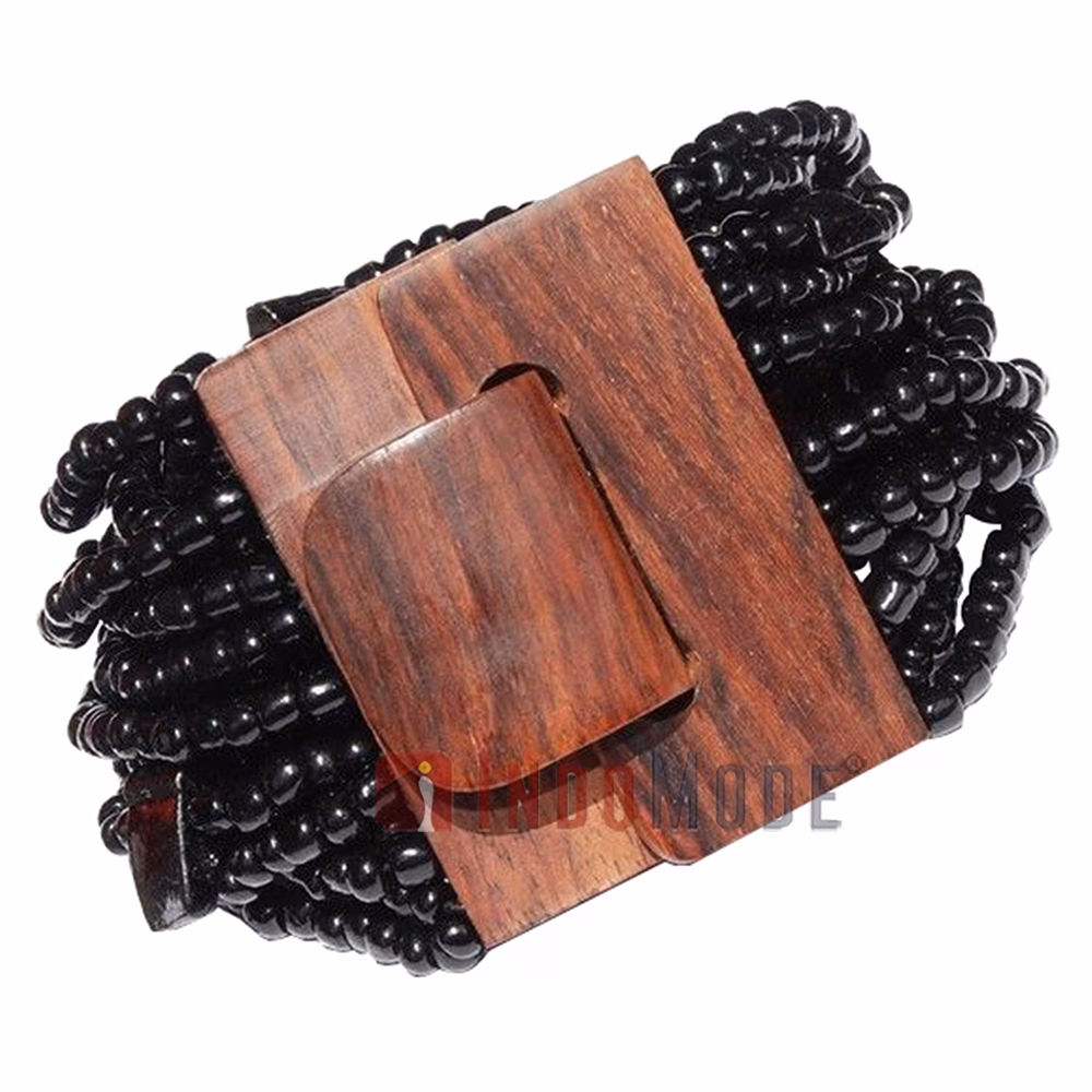 Shiny Black Beaded Bracelet Wooden Clasp and Mother Of Pearl Shells