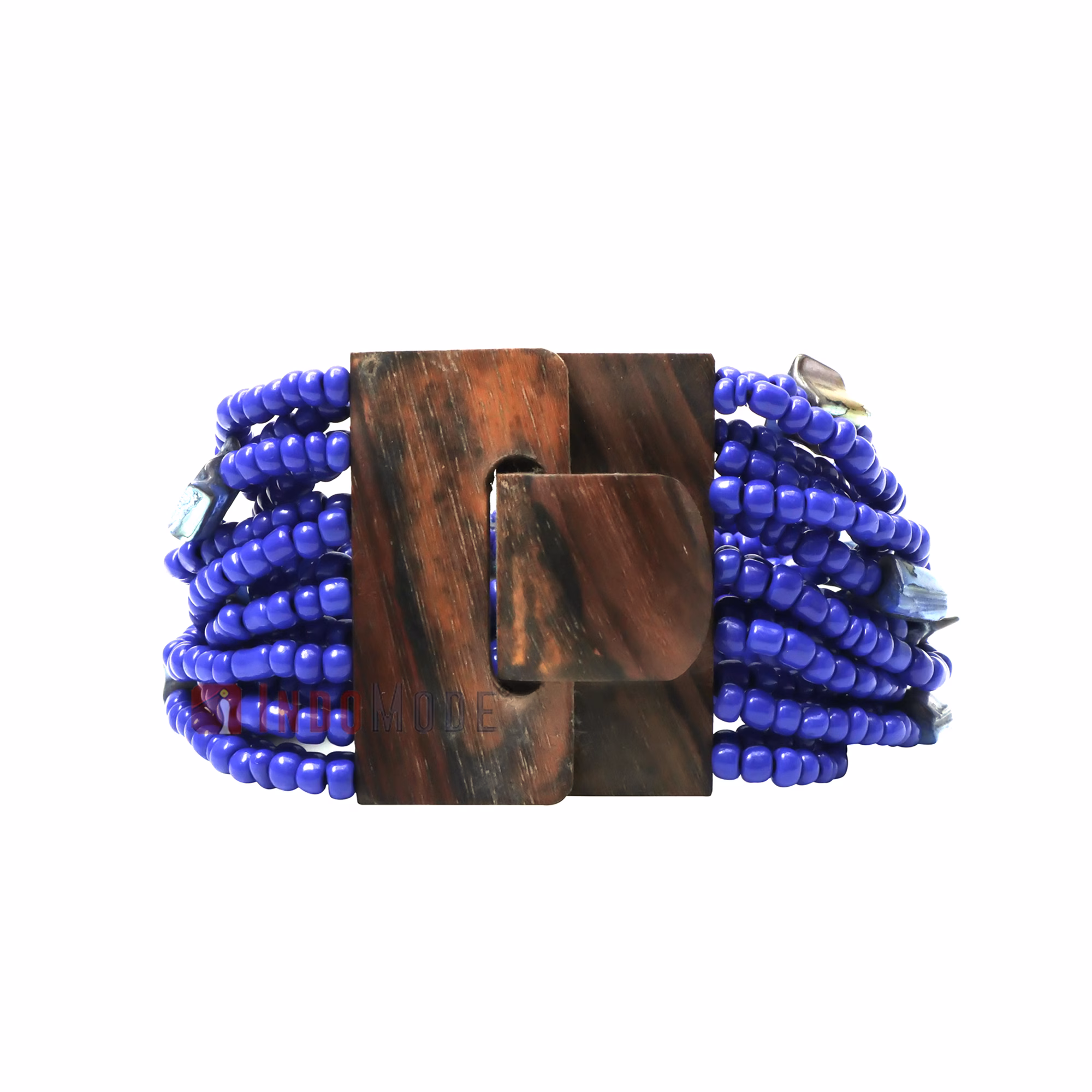 Royal Blue Beaded Bali Bracelet with Buckle Clasp and Mother Of Pearl