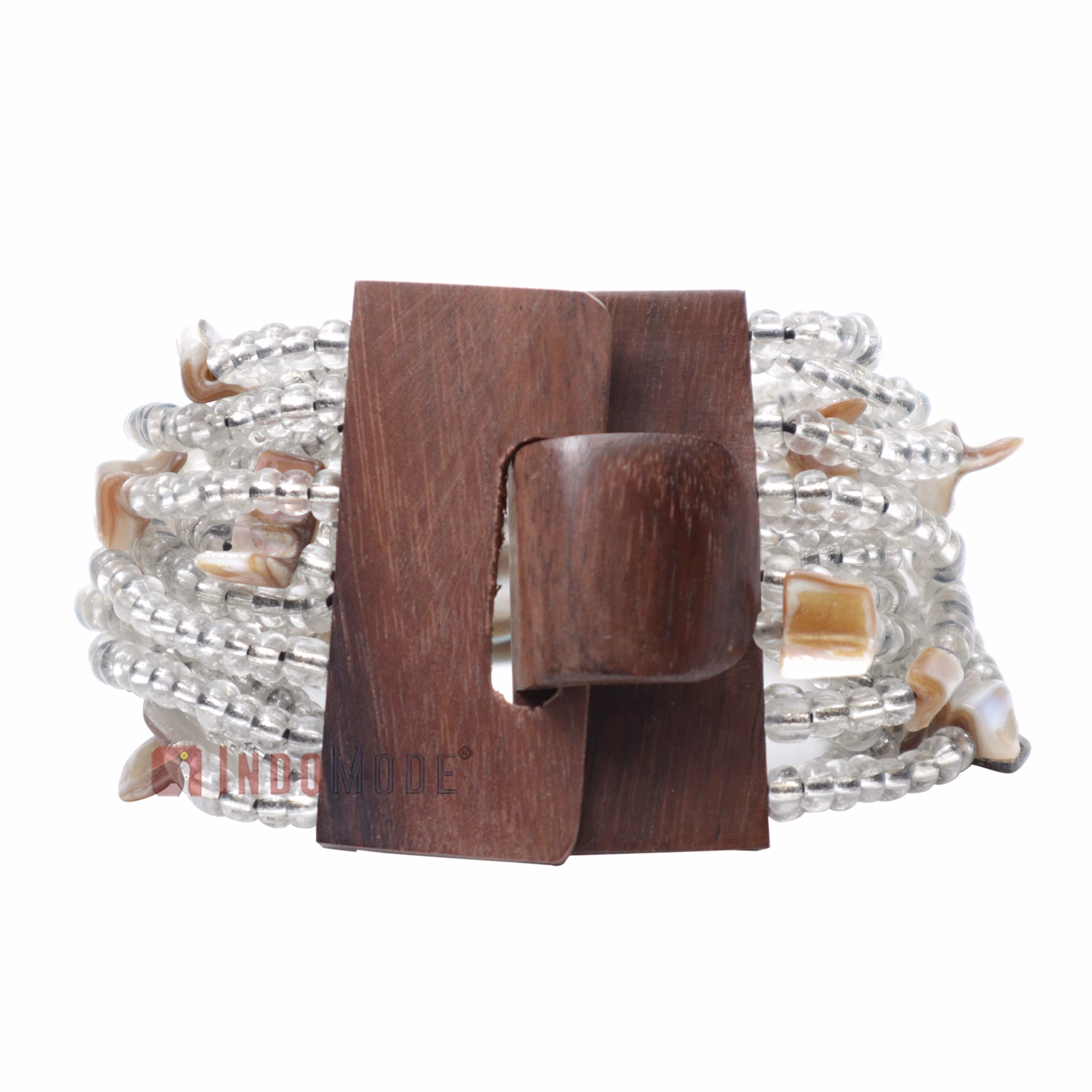 14-Strand Clear Beads 5 cm Wide Wood Buckle Bracelet with Mop Shells