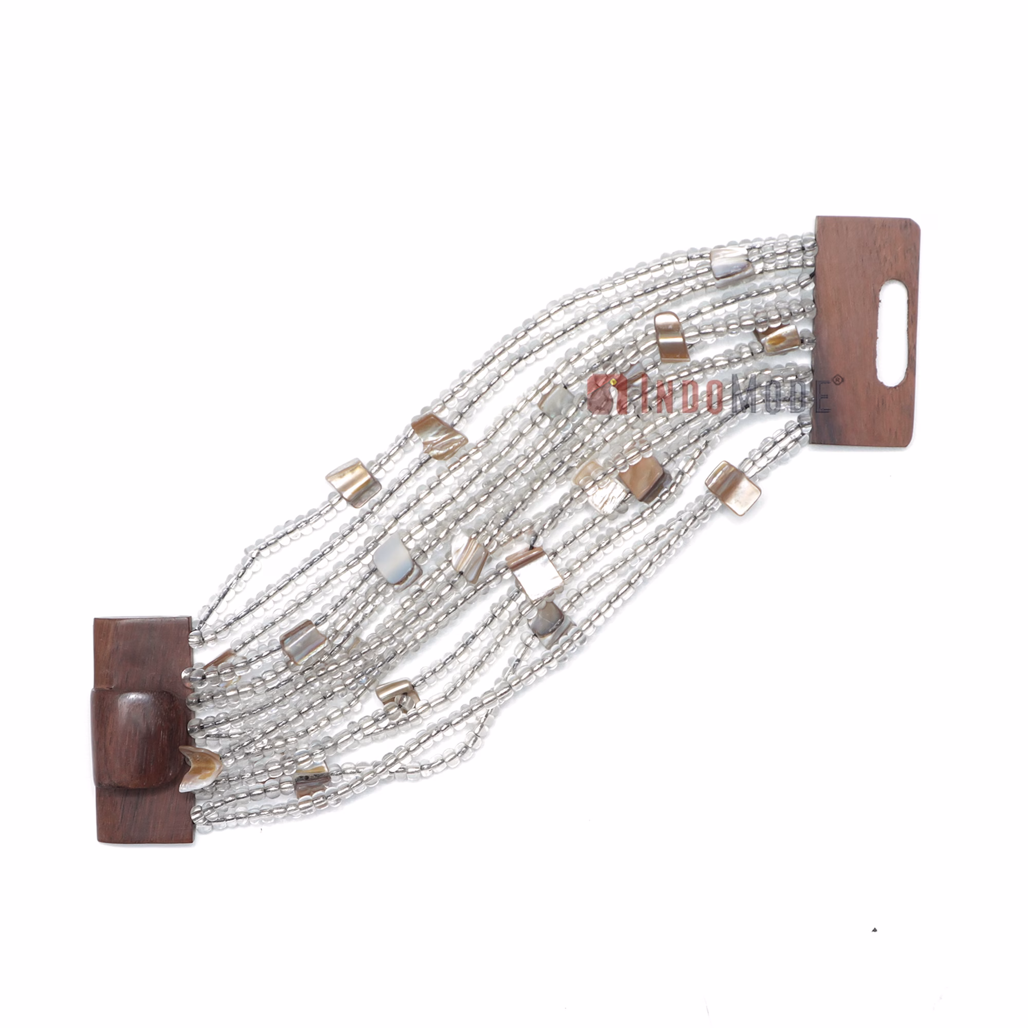 14-Strand Clear Beads 5 cm Wide Wood Buckle Bracelet with Mop Shells
