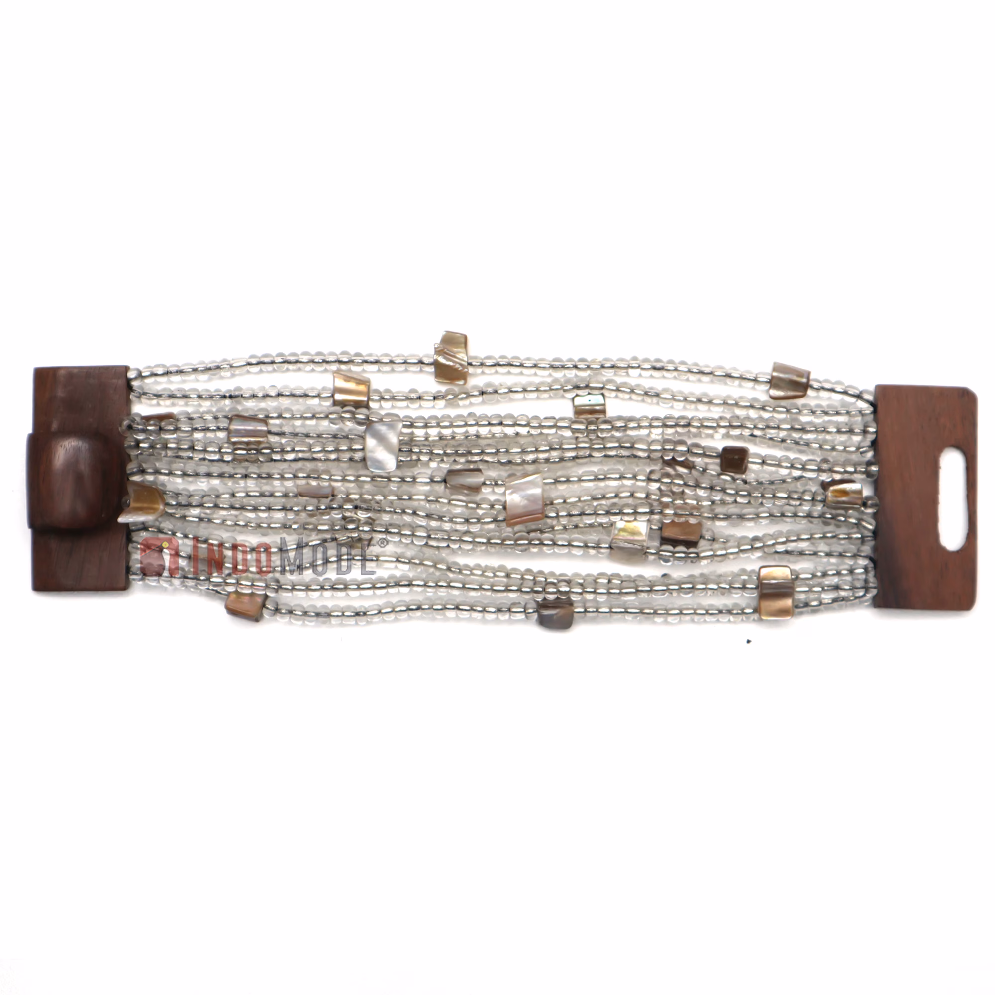 14-Strand Clear Beads 5 cm Wide Wood Buckle Bracelet with Mop Shells