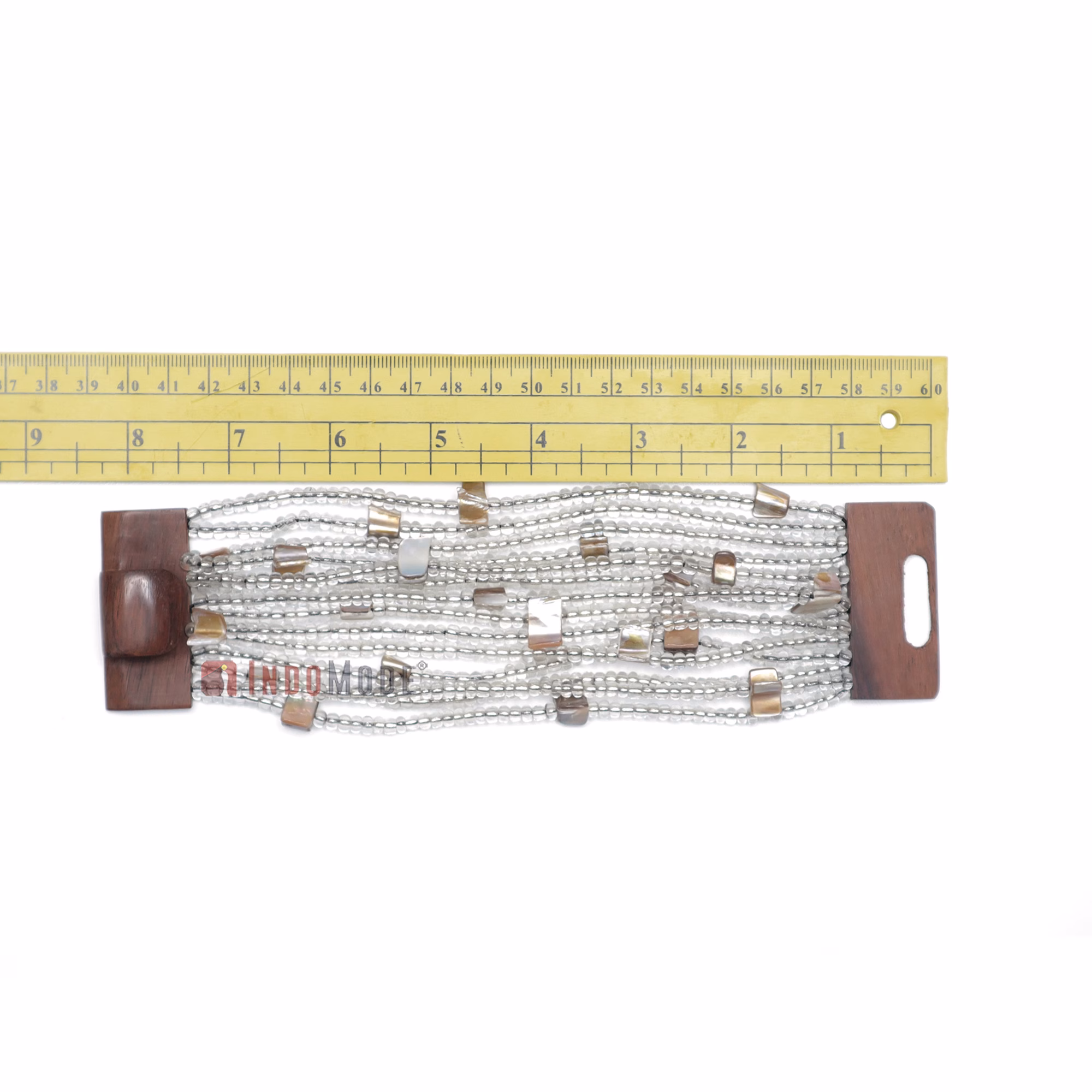 14-Strand Clear Beads 5 cm Wide Wood Buckle Bracelet with Mop Shells