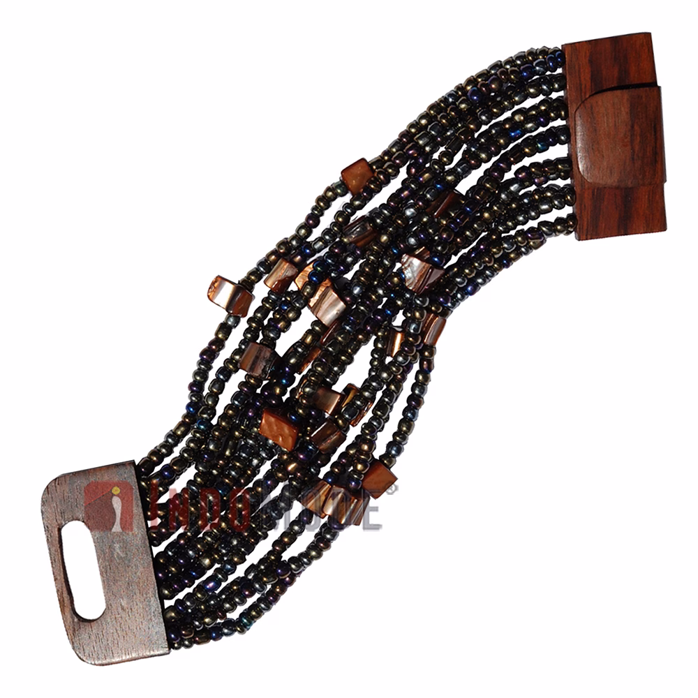 Gold-Tone Rainbow Chrome Glass Beaded Bracelet with Mother Of Pearl - Image 2